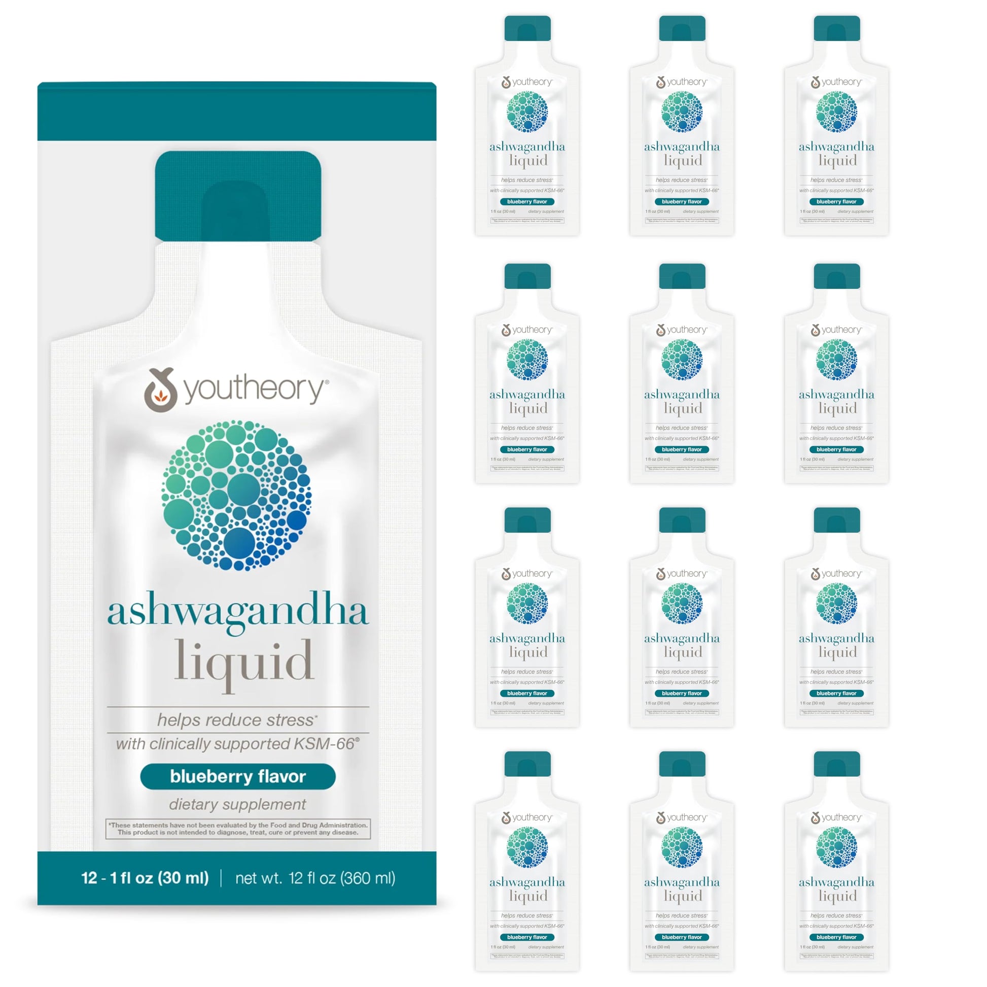 Youtheory Ashwagandha Liquid - with Organic KSM-66 Ashwagandha - Herbal Blend to Support Stress Relief & Energy Levels* - Helps Support Mood* - 1 oz Single Serve Packet, Pack of 12 YoutheoryAu supplements