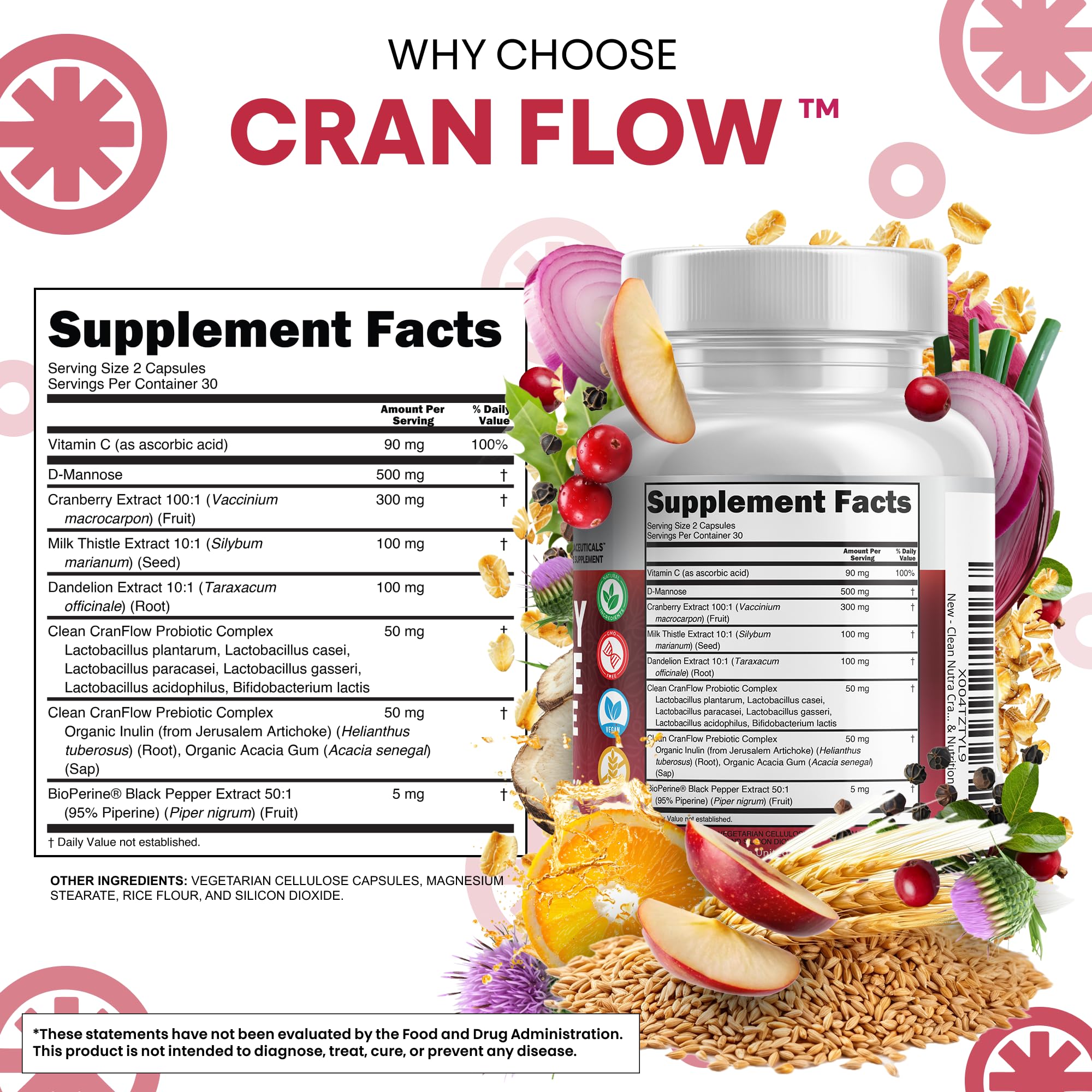 Cran Flow Cranberry Pills for Urinary Health D-Mannose Milk Thistle Dandelion Inulin Vitamin C Prebiotics and Probiotics Bladder Support By Clean Nutra Clean NutraceuticalsAu supplements
