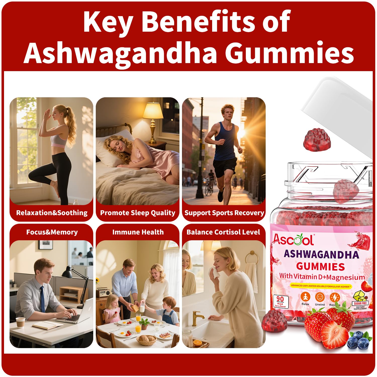 Ascool Ashwagandha Gummies for Stress Support & Relaxation with Magnesium + Vitamin D – 90 Count Sugar-Free, Vegan Ashwa Supplements AscoolAu supplements