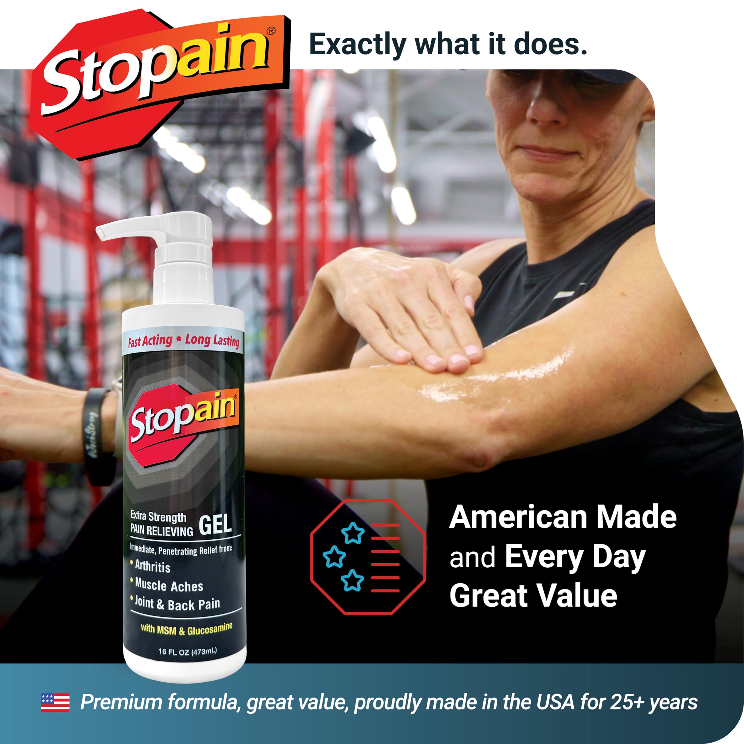 Stopain Pain Relief Gel 16oz, USA Made, Max Strength Fast Acting with Menthol, MSM, Glucosamine for Joint Pain, Back Pain, Arthritis, Knee, Neck Pain, HSA FSA Approved OTC Topical Analgesic Product StopainAu supplements