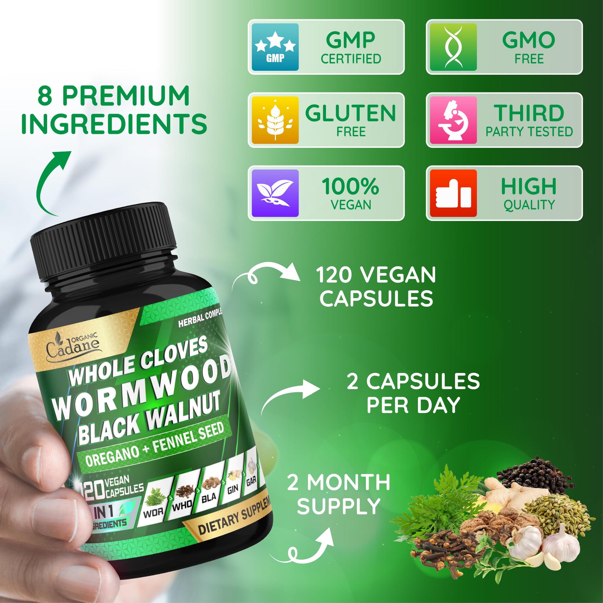 Cadane Wormwood Whole Cloves Black Walnut with Ginger, Garlic, Oregano, Fennel & Black Pepper | Digestive & Wellness Support | 120 Capsules – 60-Day Organic CadaneAu supplements
