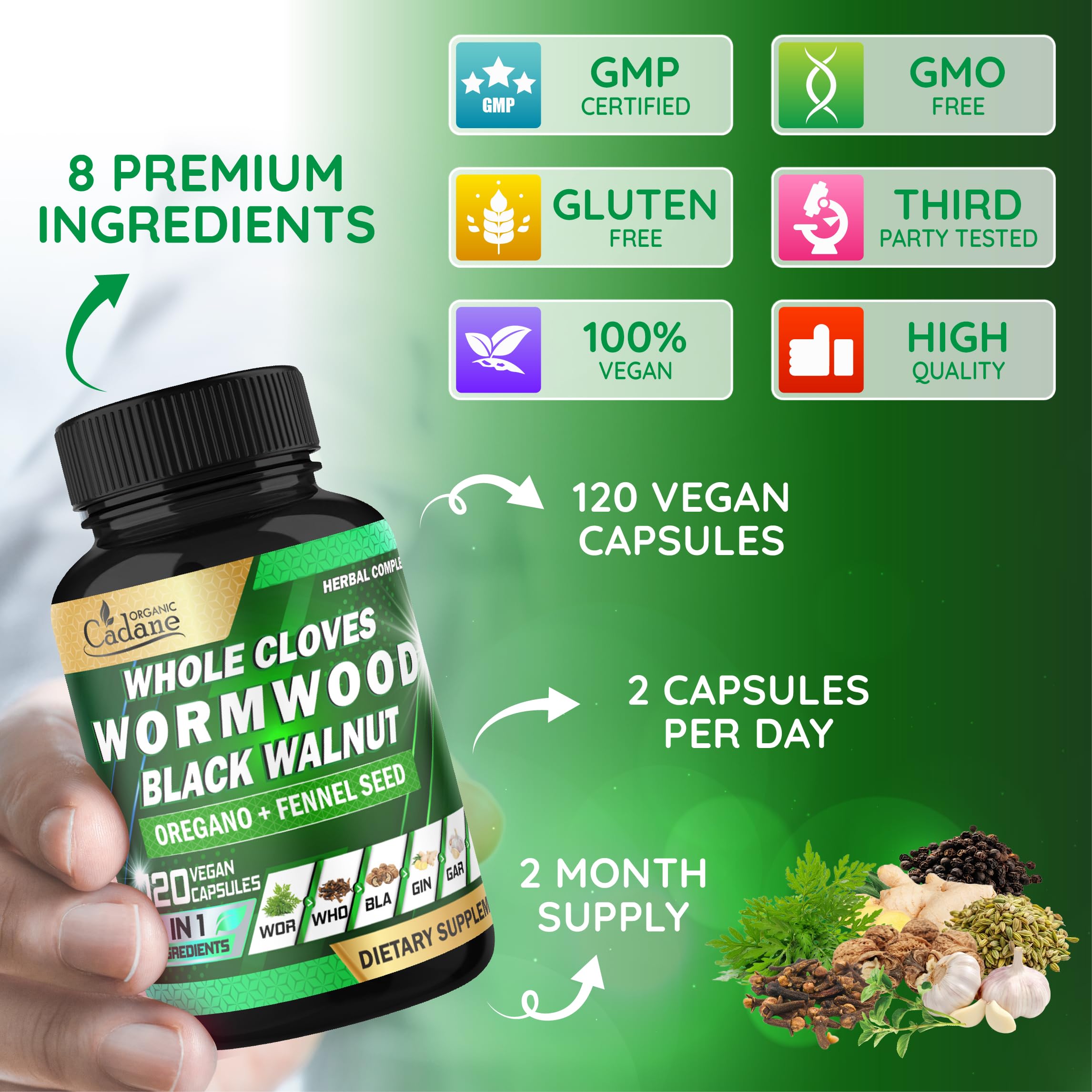 Cadane Wormwood Whole Cloves Black Walnut with Ginger, Garlic, Oregano, Fennel & Black Pepper | Digestive & Wellness Support | 120 Capsules – 60-Day Organic CadaneAu supplements