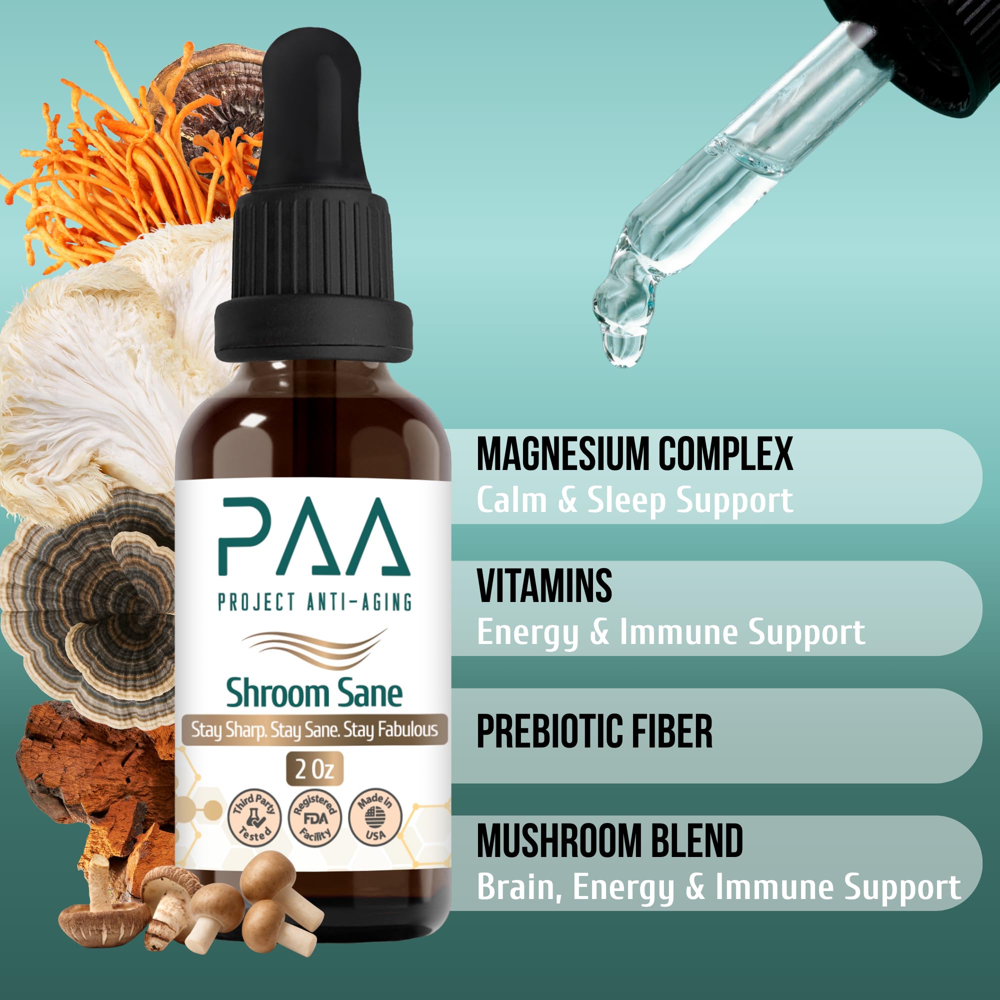 Project Anti-Aging Shroom Sane Liquid Drops with Lion’s Mane Mushroom Supplement Drops – 8 Mushroom Complex Tincture with Reishi, Cordyceps, Turkey Tail & Magnesium – USDA Organic, Vegan, Project Anti-AgingAu supplements
