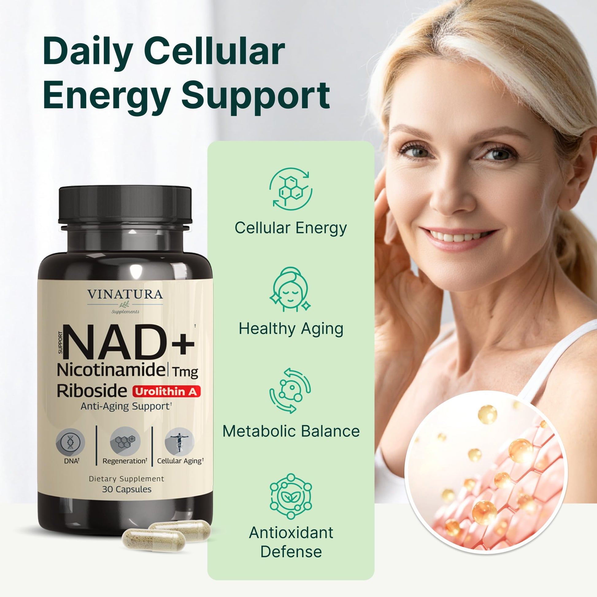 VINATURA NAD Supplement, Nicotinamide Riboside with Resveratrol - Advanced NAD+ Supplement with TMG and Urolithin A, for Women and Men - 30 Vegan Capsules VINATURAAu supplements
