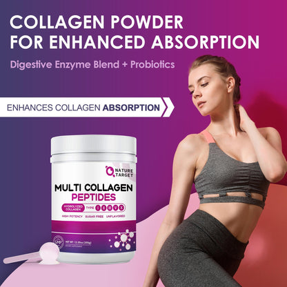 NATURE TARGET Multi Collagen Peptides Powder - Type I, II, III, V, X - Hydrolyzed Collagen Peptides with Vitamin C Hyaluronic Acid, Supports Skin Hair Nail & Joint NATURE TARGETUS supplements