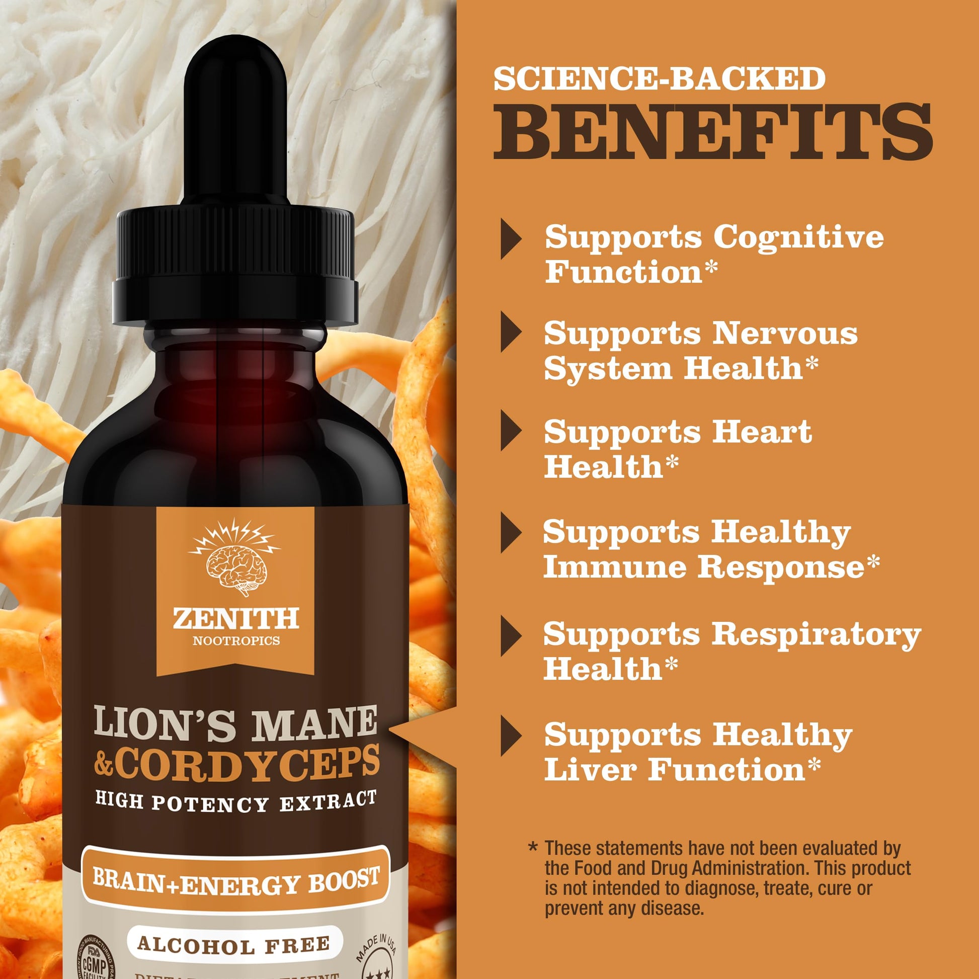 Zenith Nootropics Lion’s Mane & Cordyceps Supplement – Brain & Energy Support – Focus, Memory, Clarity, Immunity – Vegan, Alcohol-Free Tincture – Up-to 2-Month Supply, 2 fl oz Zenith NootropicsAu supplements