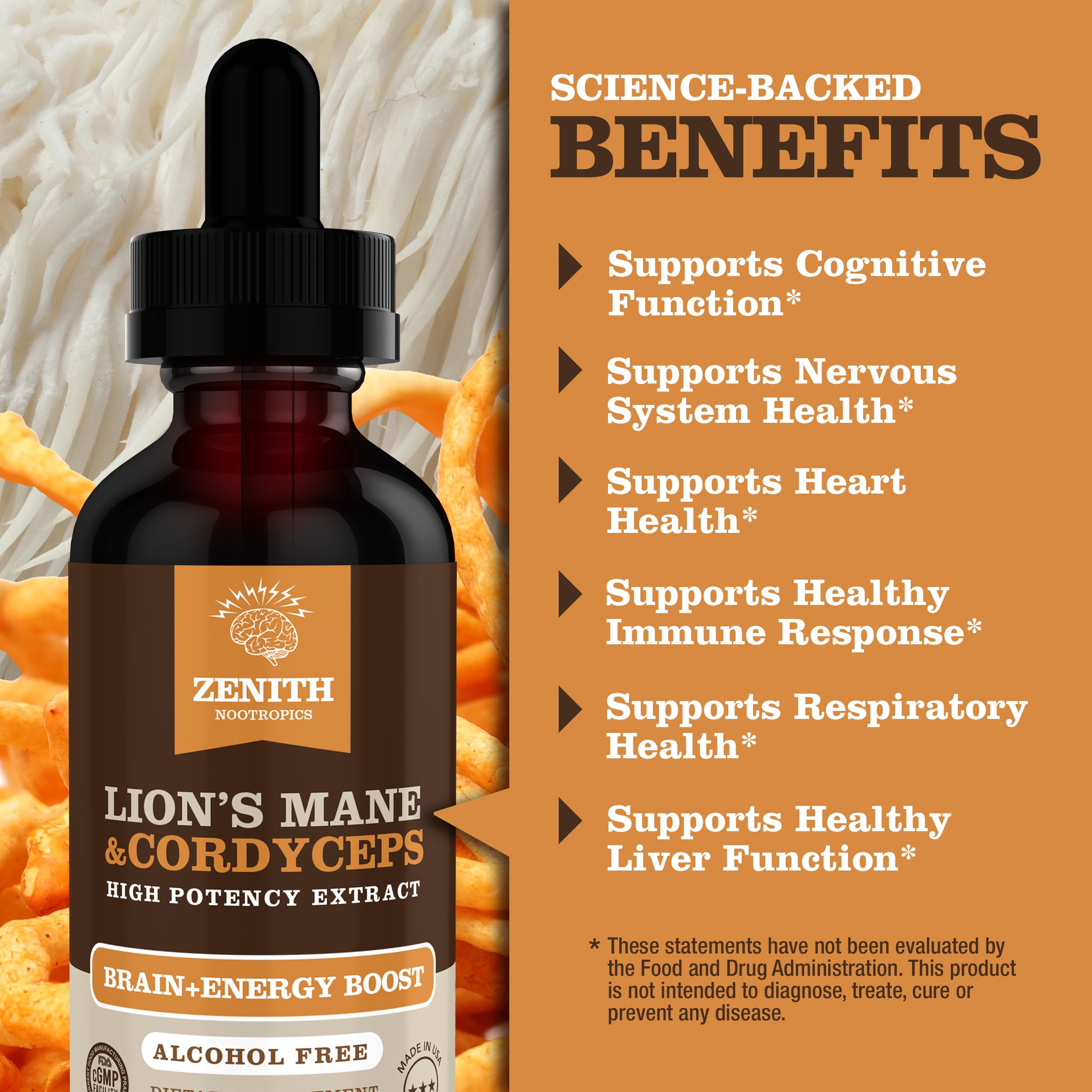 Zenith Nootropics Lion’s Mane & Cordyceps Supplement – Brain & Energy Support – Focus, Memory, Clarity, Immunity – Vegan, Alcohol-Free Tincture – Up-to 2-Month Supply, 2 fl oz Zenith NootropicsAu supplements