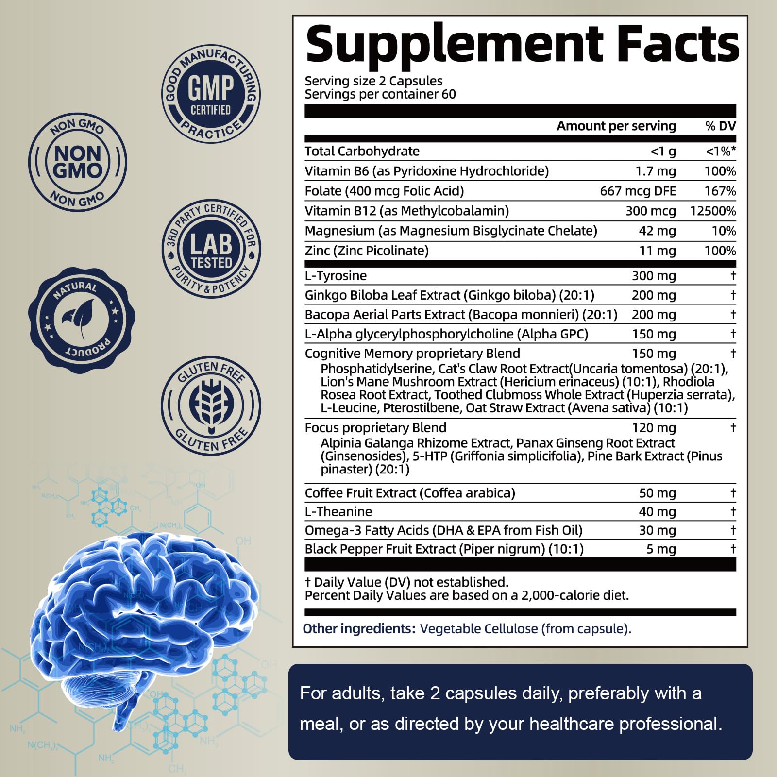 25 in 1 Brain Supplements for Memory and Focus & Neuro Health - Daily Brain Nootropic Cognitive Supplement with L-Tyrosine, Bacopa Monnieri, Ginkgo Biloba, Alpha GPC - Non-GMO, Gluten Free TotariaAu supplements