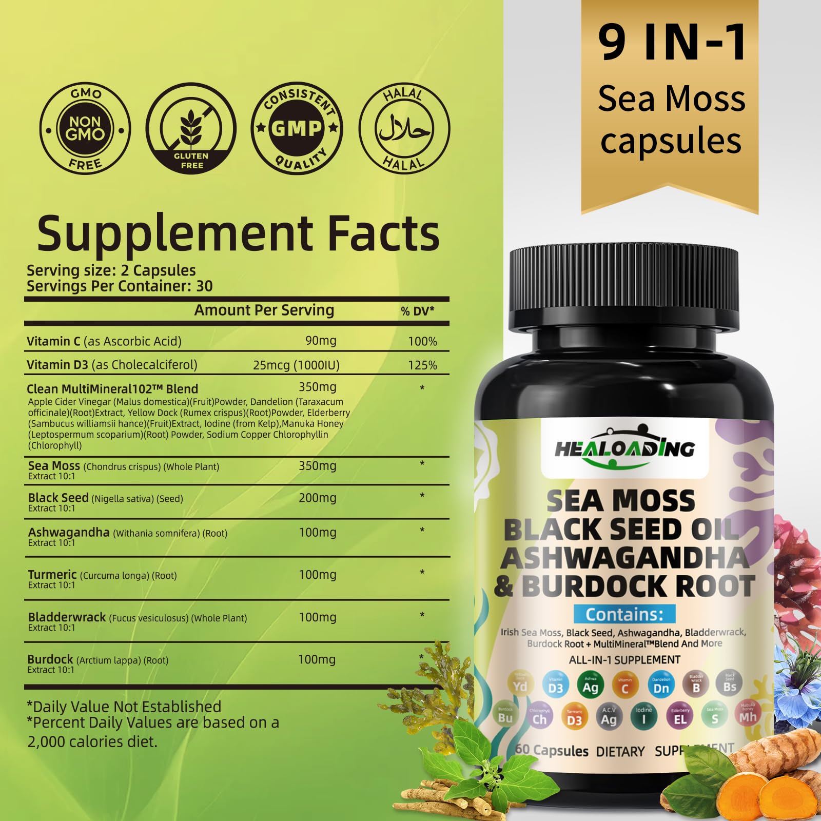 HEALOADING Sea Moss Capsules：Wildcrafted Organic Irish Seamoss & Bladderwack - Rich in Minerals, Supports Thyroid Health, Digestion, Skin & Immune System - Vegan, Non-GMO HEALOADINGAu supplements