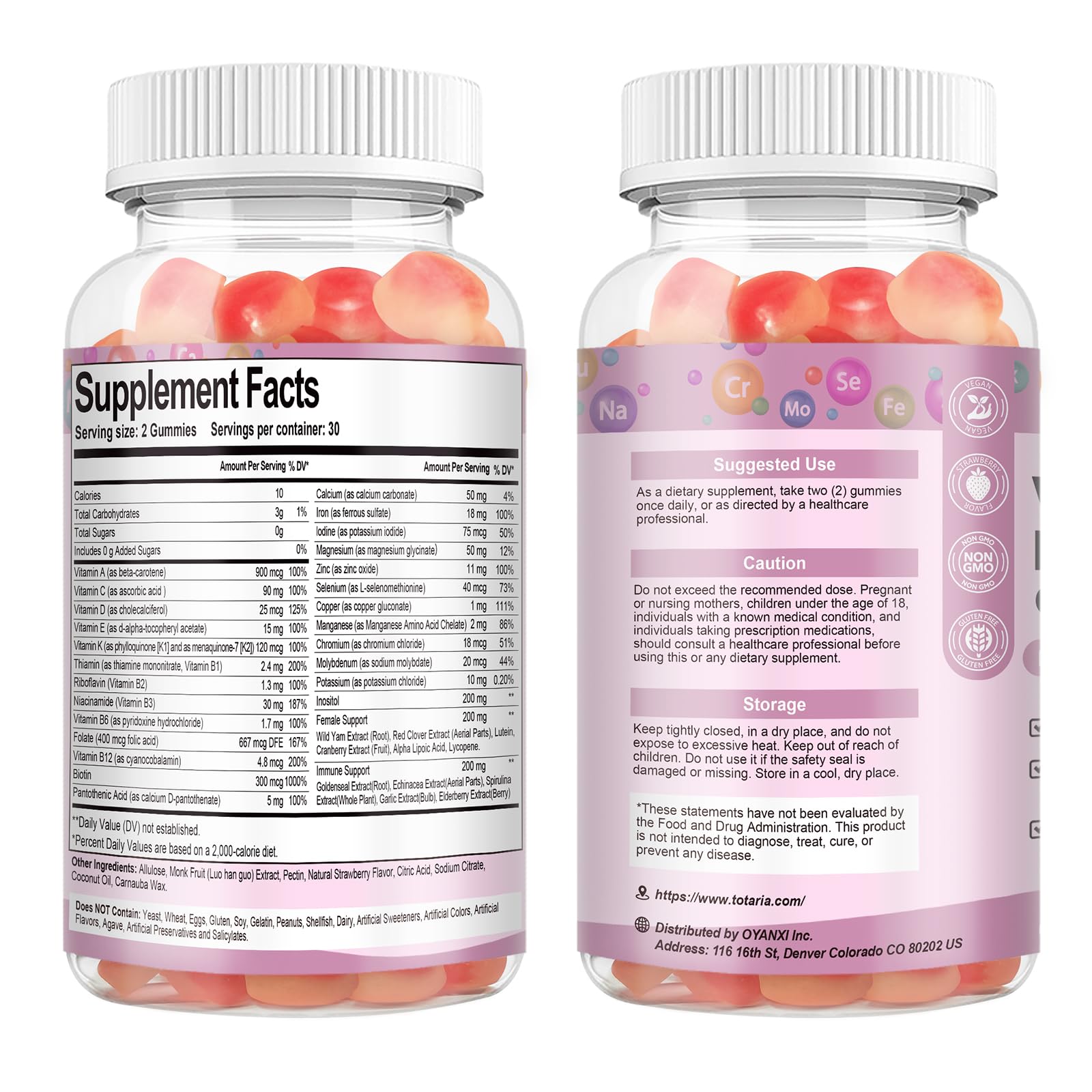 Totaria Sugar Free Multivitamin Gummies for Women 14+ w/Iron, Inositol, Folate, Biotin, Womens Daily Multivitamin Gummy w/Vitamin A, C, B, D3, K2 TotariaUS supplements