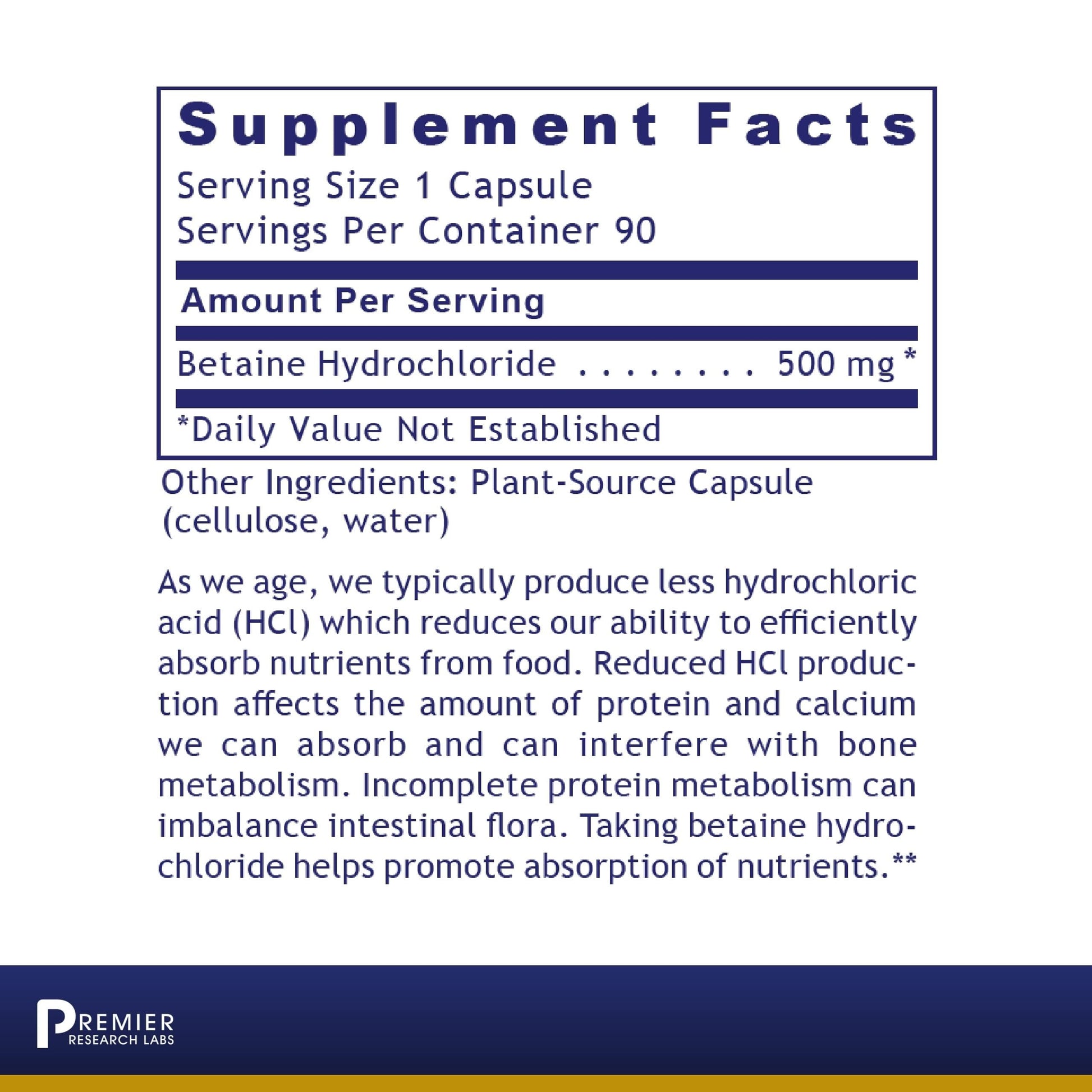 Premier Research Labs Premier HCL - Betaine HCL, Betaine Hydrochloride Supplement for Optimal Digestive Function, Nutrient Absorption, Betaine-HCL for Low Stomach Acid- 90 Vegetarian Capsules Premier Research LabsAu supplements