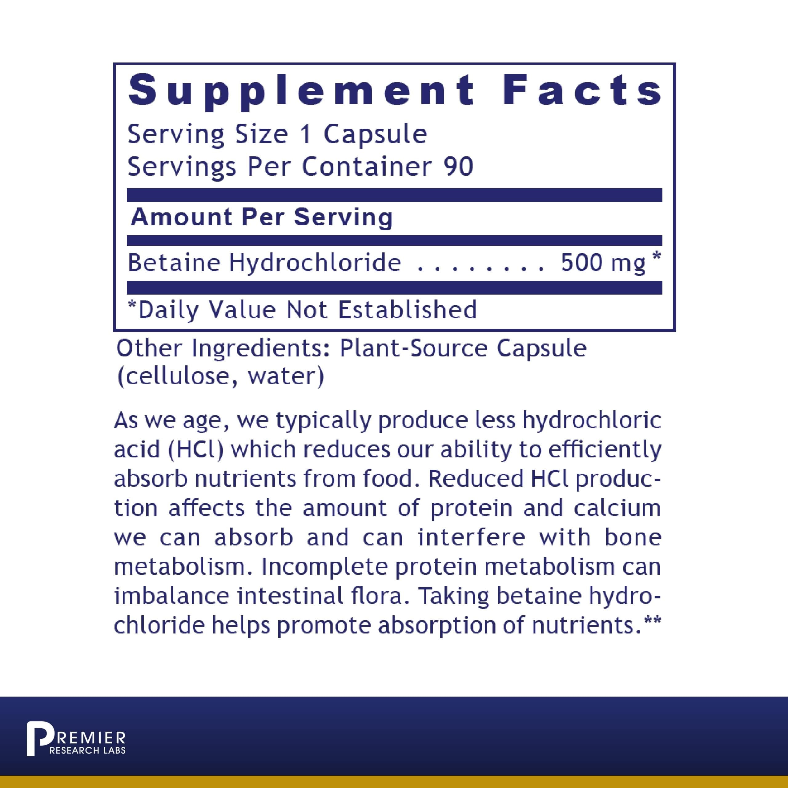 Premier Research Labs Premier HCL - Betaine HCL, Betaine Hydrochloride Supplement for Optimal Digestive Function, Nutrient Absorption, Betaine-HCL for Low Stomach Acid- 90 Vegetarian Capsules Premier Research LabsAu supplements