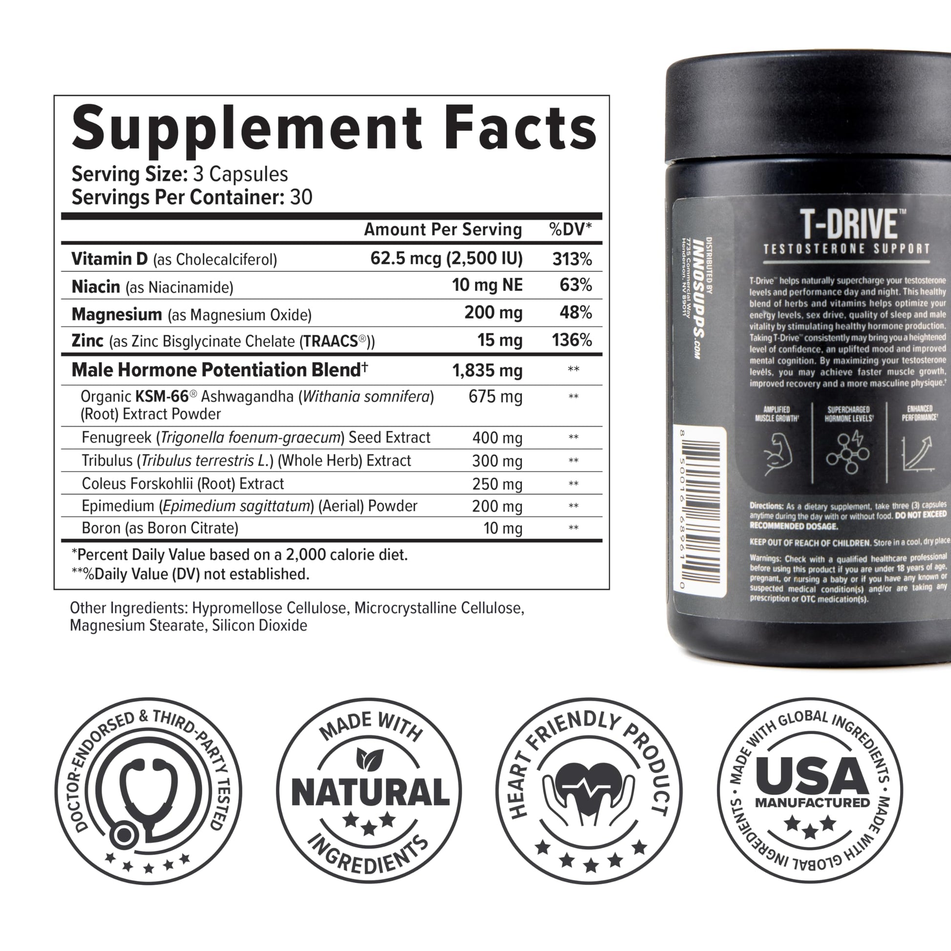 InnoSupps T-Drive Testosterone Booster Enhance Performance Amplify Muscle Growth, Increase Libido & Energy Levels w/KSM-66 Ashwagandha, Magnesium, Vitamin D, Niacin Boron, Fenugreek, 90 Caps, 30 Days InnoSuppsAu supplements