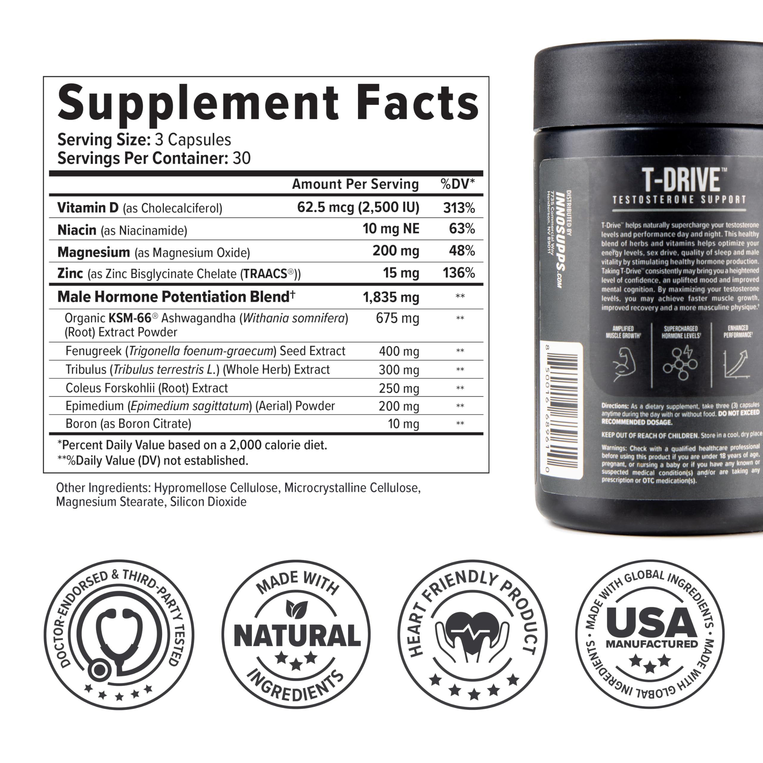 InnoSupps T-Drive Testosterone Booster Enhance Performance Amplify Muscle Growth, Increase Libido & Energy Levels w/KSM-66 Ashwagandha, Magnesium, Vitamin D, Niacin Boron, Fenugreek, 90 Caps, 30 Days InnoSuppsAu supplements