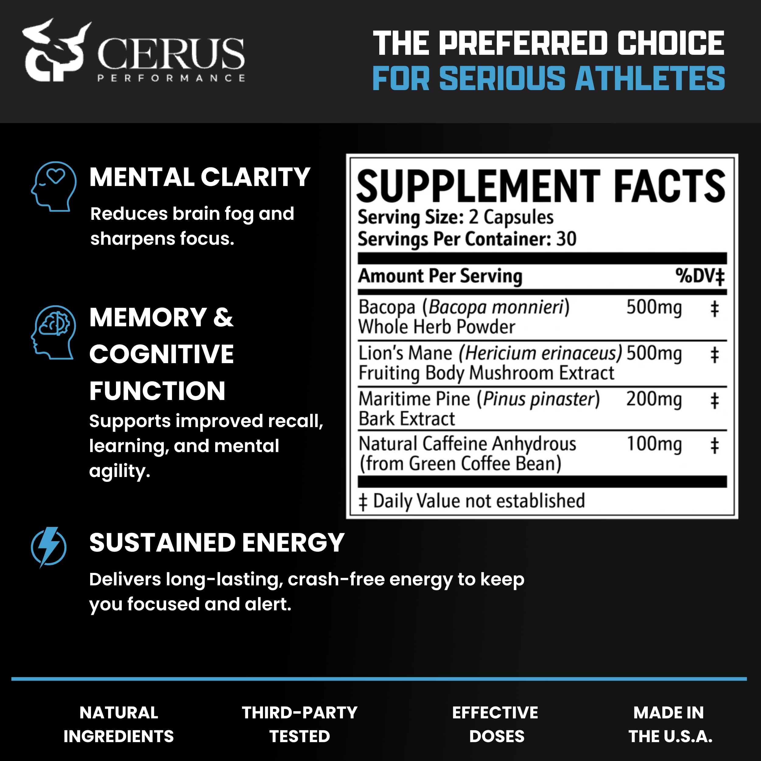 Cerus Performance Focus Nootropic Supplement - Enhances Mental Clarity, Boosts Memory & Cognitive Function, Improves Alertness - Ideal for Athletes & Fitness Enthusiasts - 60 Capsules CerusAu supplements