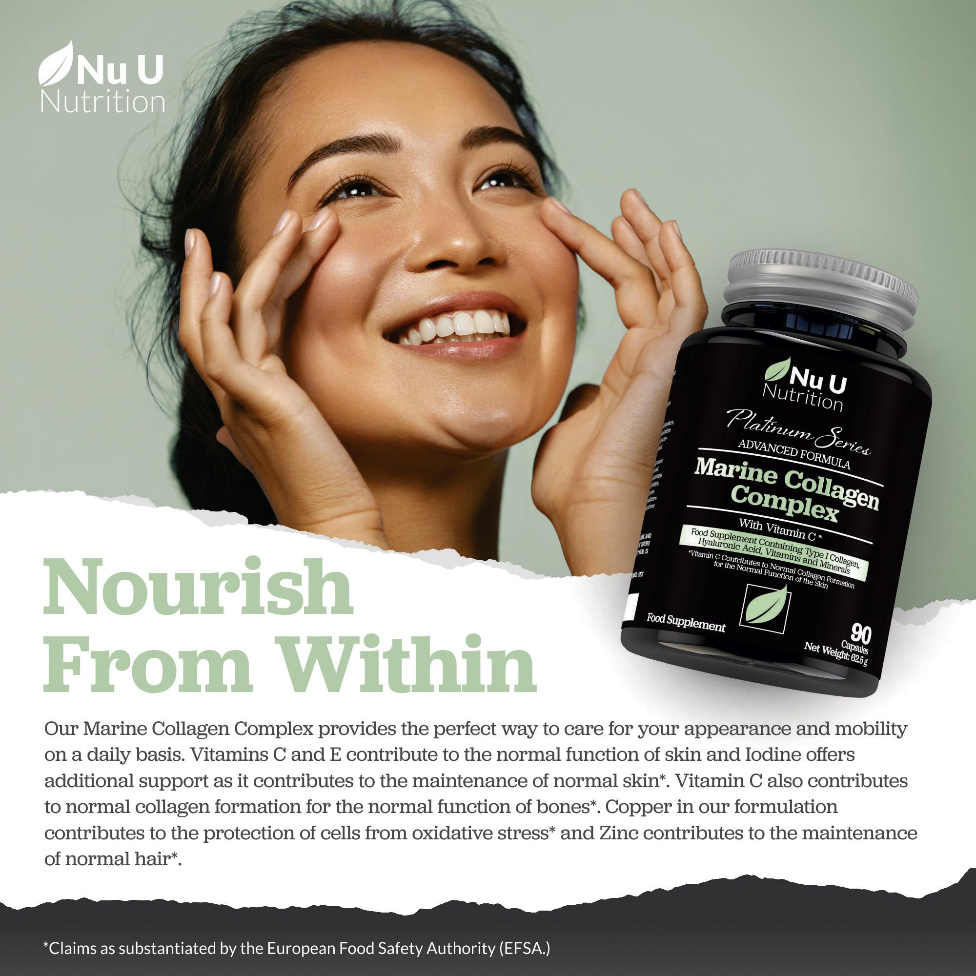Marine Collagen with Hyaluronic Acid, Vitamin C - 90 Hydrolysed Capsules (not Tablets) - Premium High Strength Collagen Nu U NutritionAu supplements