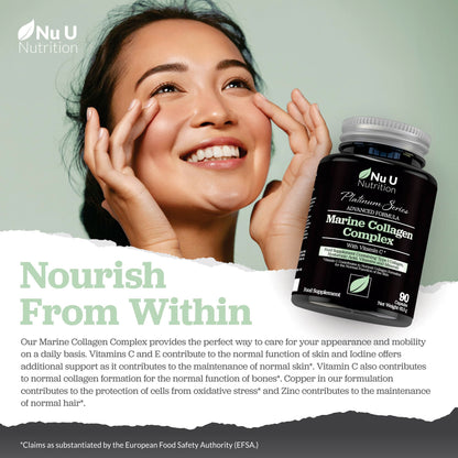 Marine Collagen with Hyaluronic Acid, Vitamin C - 90 Hydrolysed Capsules (not Tablets) - Premium High Strength Collagen Nu U NutritionUS supplements