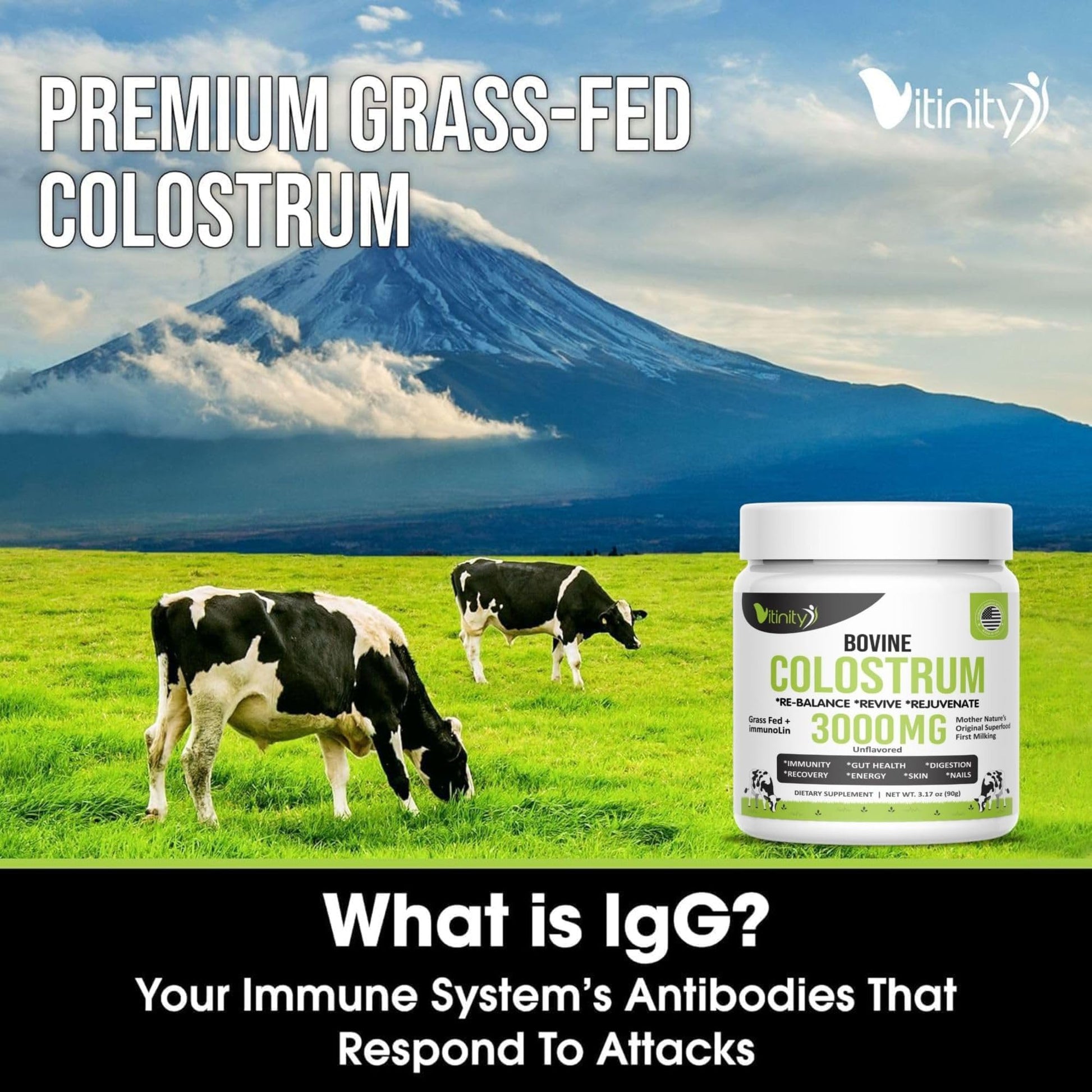 VITINITY Grass Fed Bovine Colostrum Powder for Humans 3000 mg - Natural IgG Colostrum Supplement Gut Health, Immune Support, Muscle Recovery, Wellness | Pure Colostrum Superfood,Unflavored 2 Pack VITINITYAu supplements