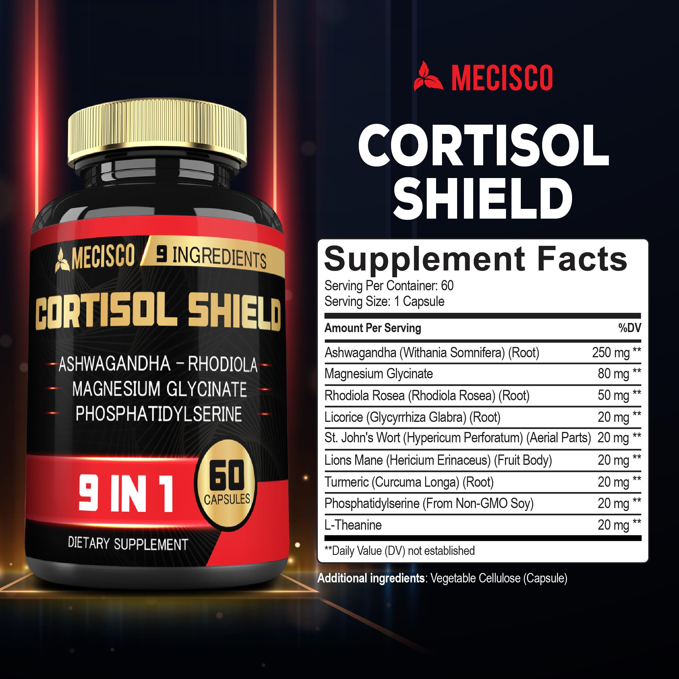 9in1 Cortisol Shield - Ashwagandha & Magnesium Glycinate, Rhodiola, Phosphatidylserine, L-Theanine, Licorice Root, St. John's Wort, Lions Mane - Mind & Mood, Restful Night Support - 60 Capsules MeciscoAu supplements