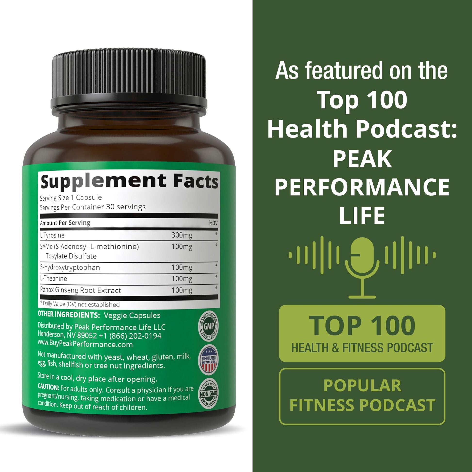 Peak Performance Mood Support Supplement with 5 Top Ingredients: 5HTP, SAM e, L Tyrosine, L Theanine, and Panax Ginseng. Calm, Focus, Relaxation Supplements. Vegan Peak PerformanceAu supplements
