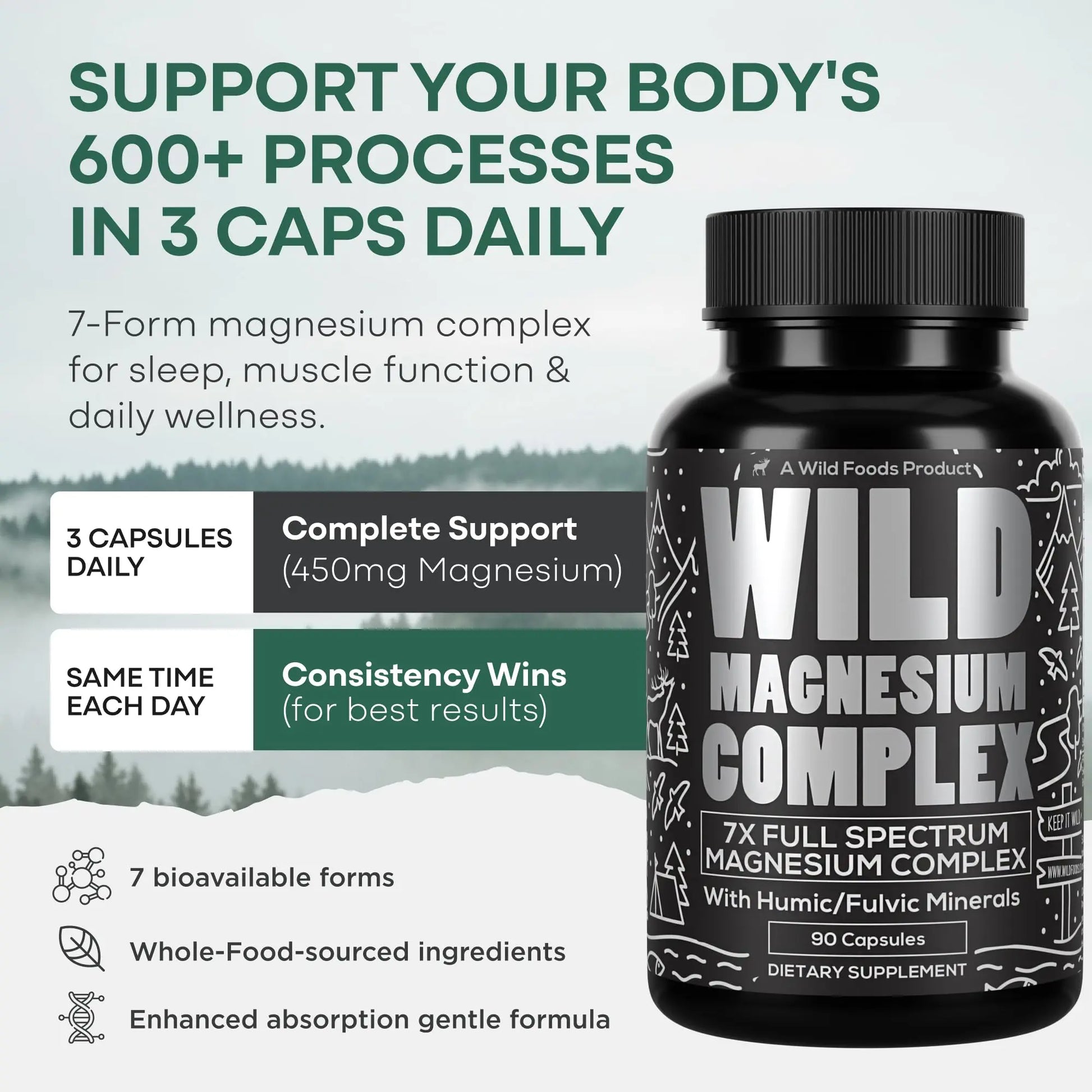 Wild Foods Magnesium Complex Supplement with 7X Forms, 90 Capsules | High Absorption, Full Spectrum, Easy Digestion | 500mg Glycinate, Bisglycinate, Malate, Orotate, Citrate, Taurate Wild Foodsnz supplements