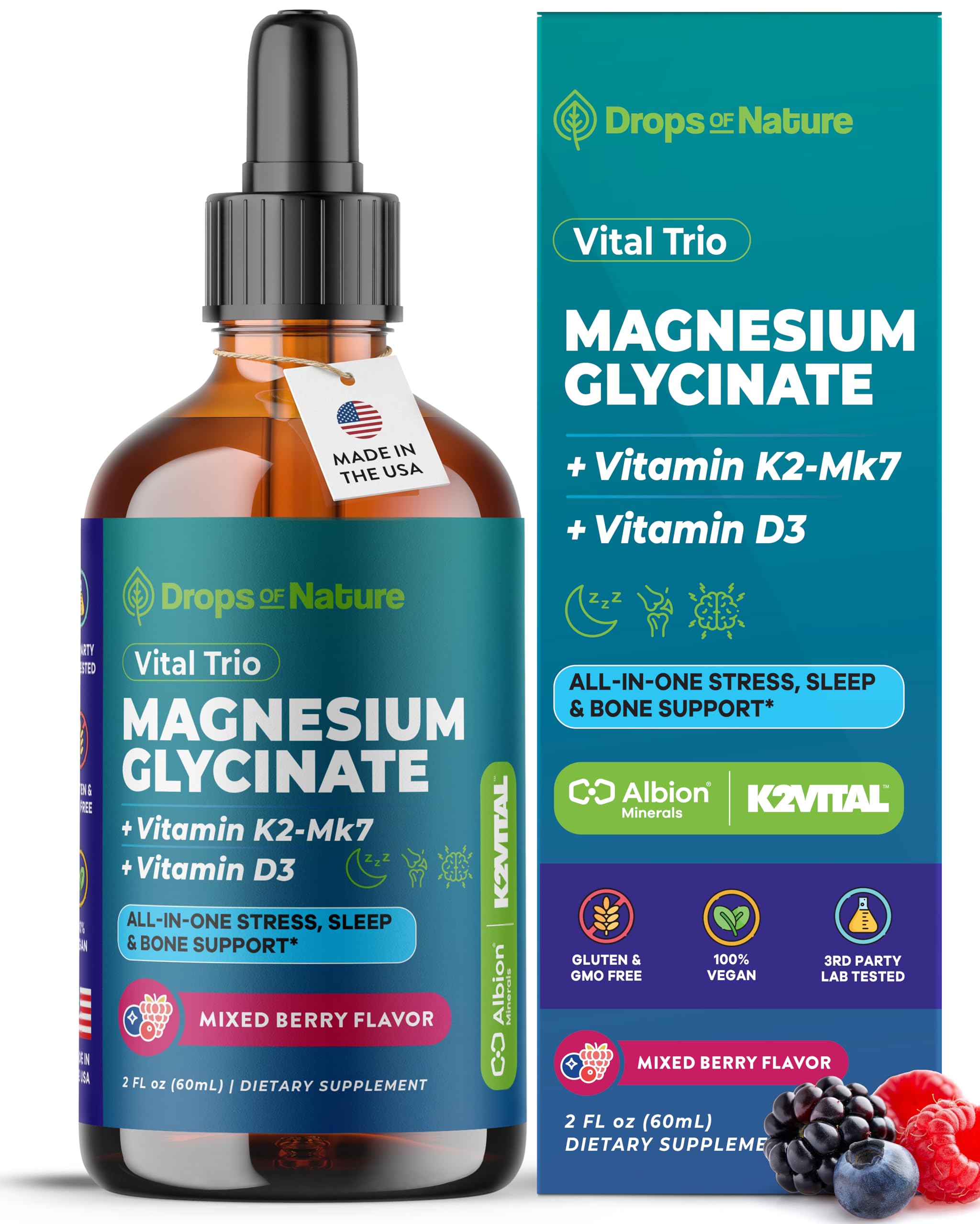 Magnesium Glycinate, Vitamin K2 & D3 Supplement – GMO-Free – VIT D MK7 K2 Vitamin Supplement & Magnesium Blend – with Nutrients for Bone Nutrition & Cardiovascular Function (Mixed Berry, 60 mL) Drops Of NatureAu supplements