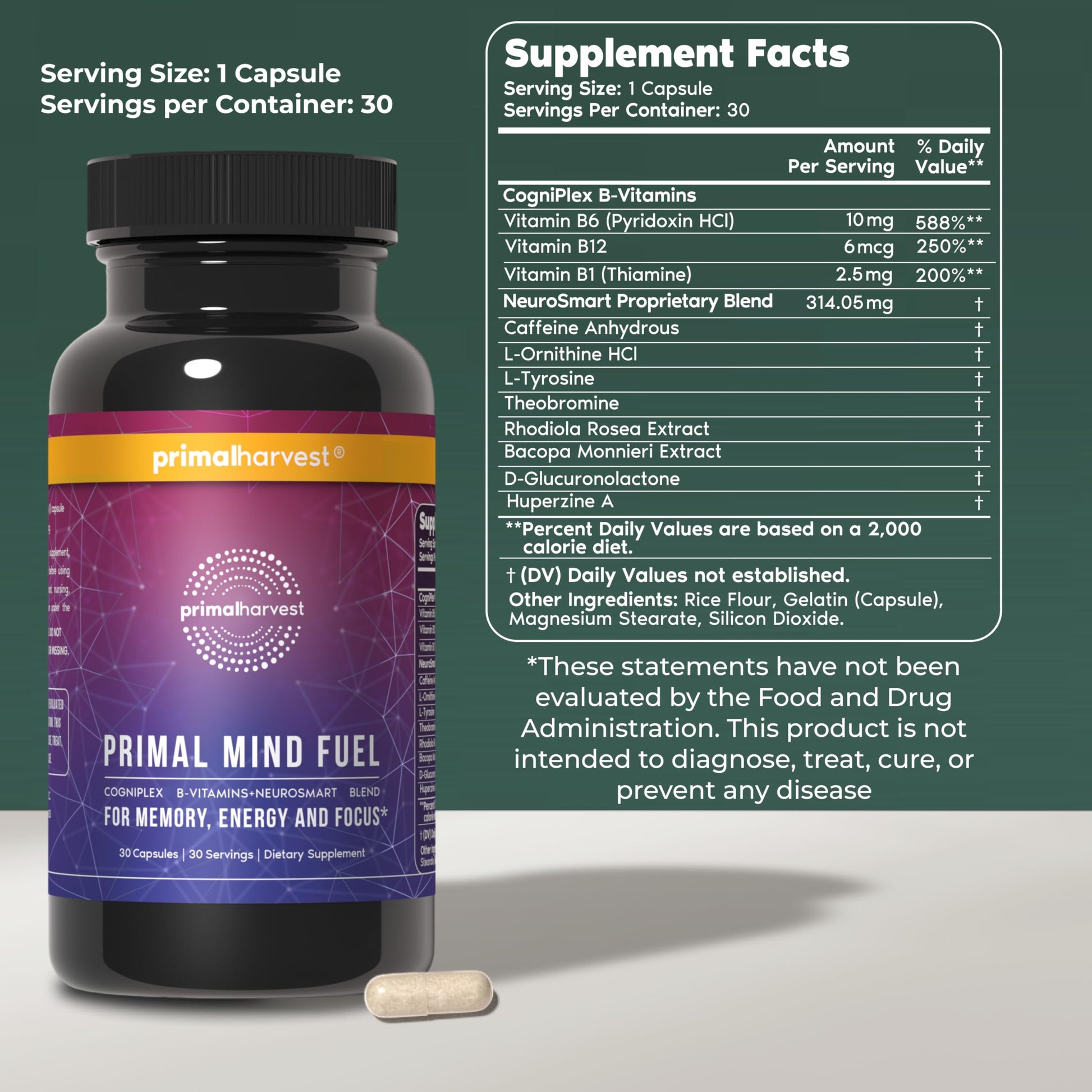 Primal Harvest Brain Supplement, Primal Mind Fuel Brain Booster for Focus, Energy, Clarity, Memory Brain Health 30 Capsules Nootropics Brain Support Supplement for Men and Women (2 Pack (30 Count)) Primal HarvestAu supplements