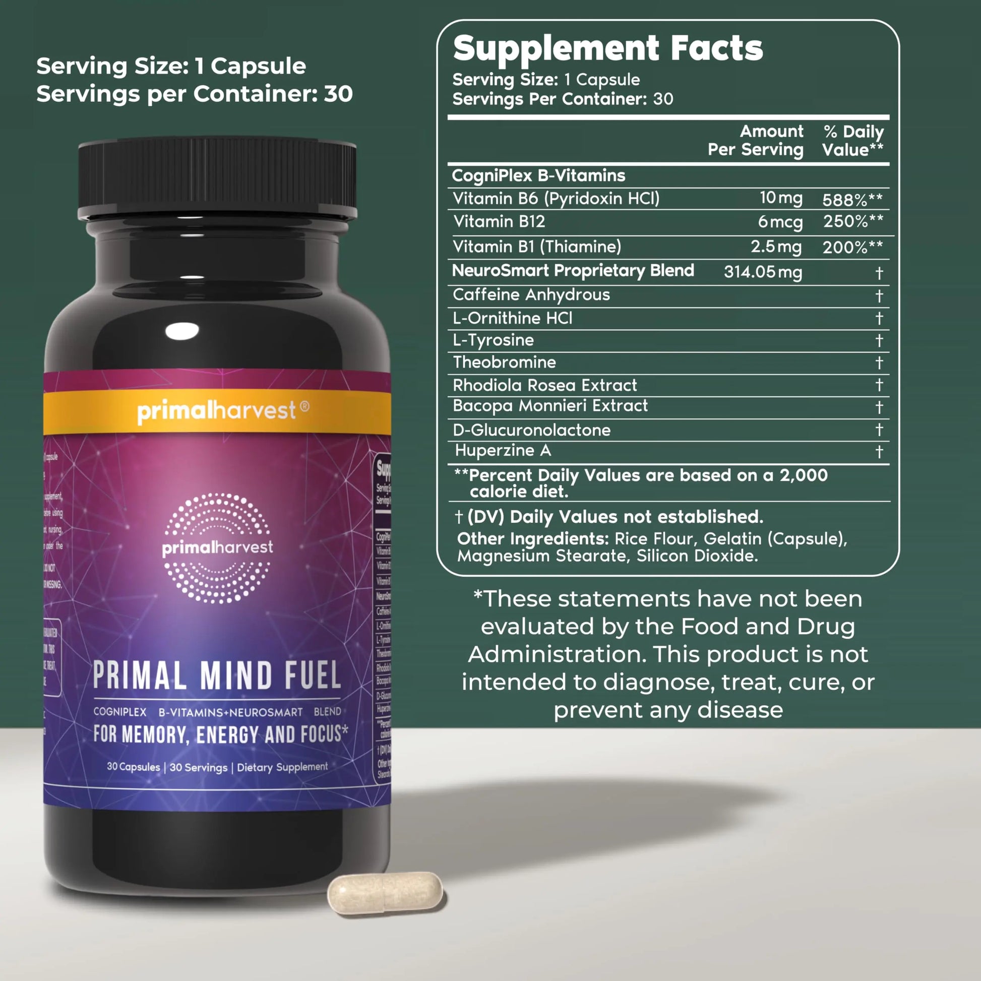 Brain Supplement by Primal Harvest, Primal Mind Fuel Brain Booster for Focus, Energy, Clarity, and Brain Health 30 Capsules Nootropics Brain Support Supplement for Men and Women Primal HarvestAu supplements