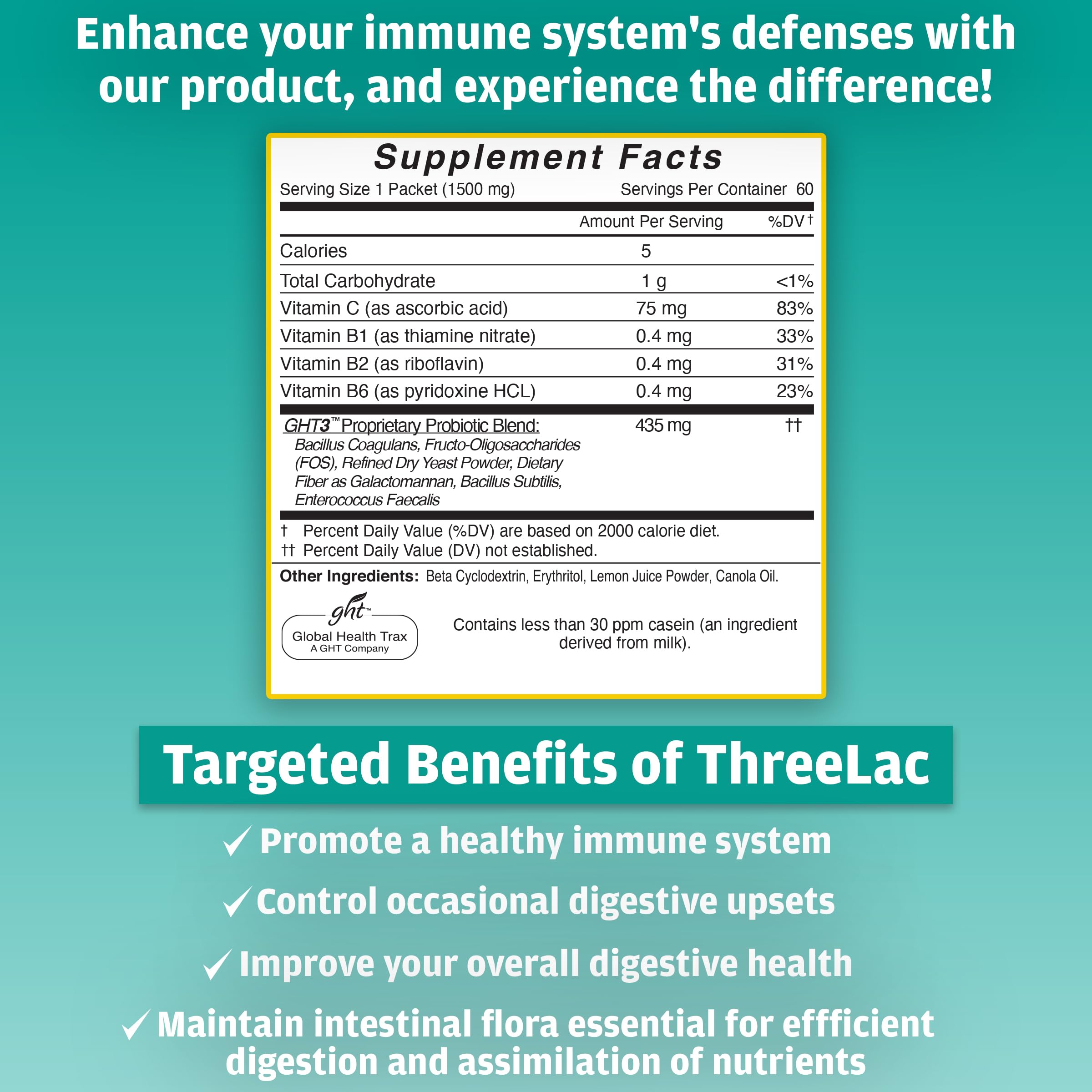 Global Health Trax GHT - ThreeLac Lemon Probiotic Drink Mix for Digestive Health - Advanced Probiotic Powder Formula for Men, Women & Kids - Immune Support & Gut Balance, Non-GMO - 60 Packets ght Global Health TraxAu supplements