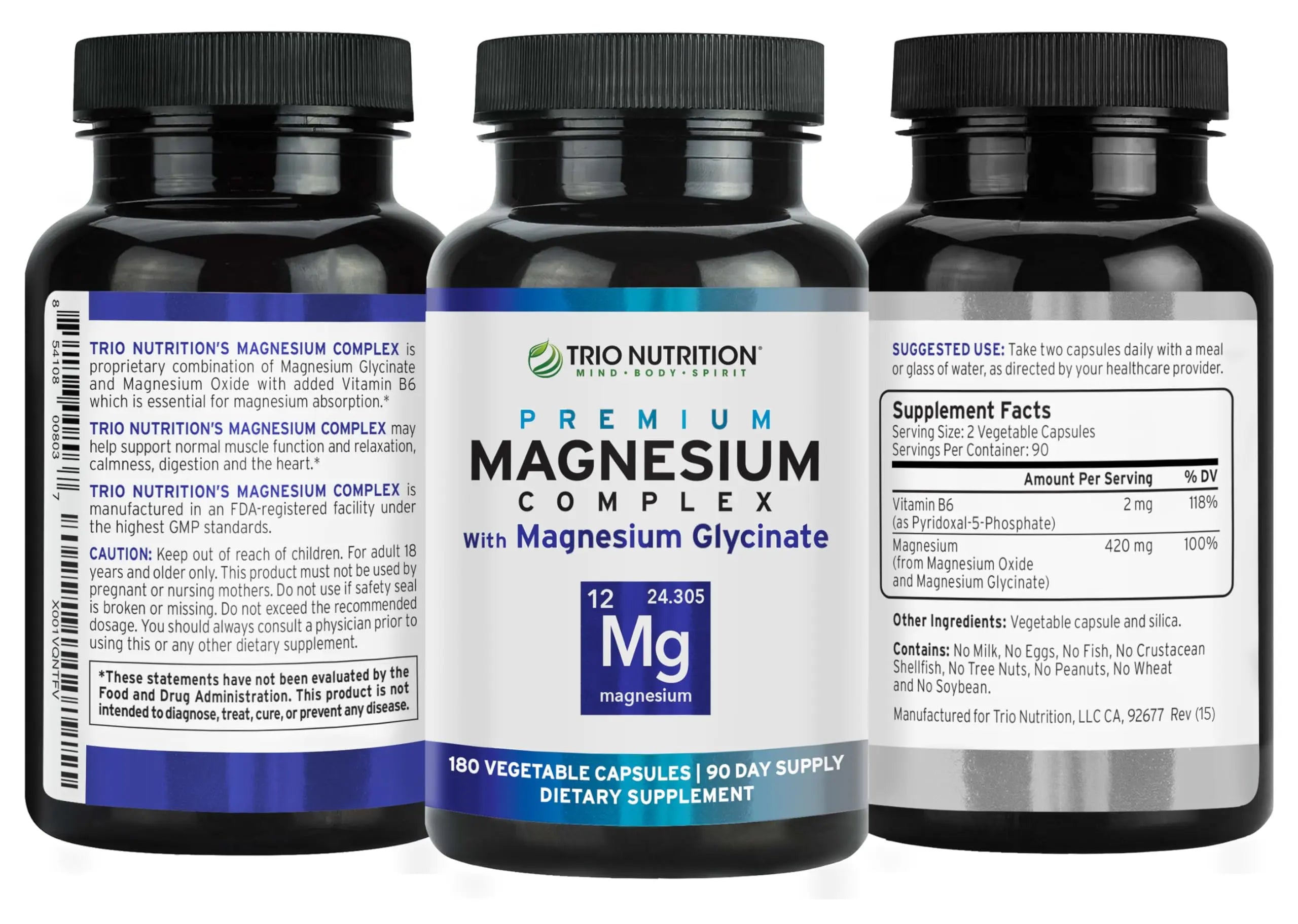 Trio Nutrition Magnesium Complex 90 Day Supply 420 mg | Natural Calm, Relax, Stress Relief, and Muscle Recovery |Magnesium Glycinate Supplement with Vitamin B6 for Rapid Absorption* TRIO NUTRITIONnz supplements