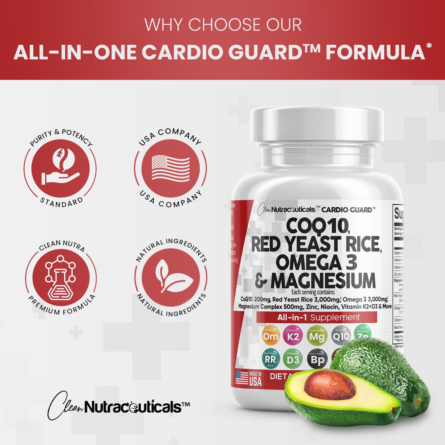 COQ10 200mg Red Yeast Rice 3000mg Omega 3 3000mg Magnesium Clean NutraceuticalsUS supplements