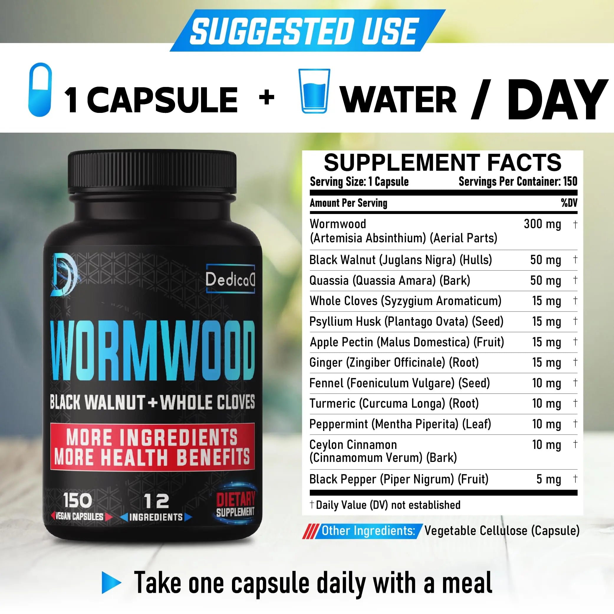 DEDICAD Premium Wormwood Extract Capsules - 5 Month Supply for Immune - 12 Herbs Blended with Black Walnut Leaves, Ginger, Turmeric & More - 150 Counts DEDICADnz supplements