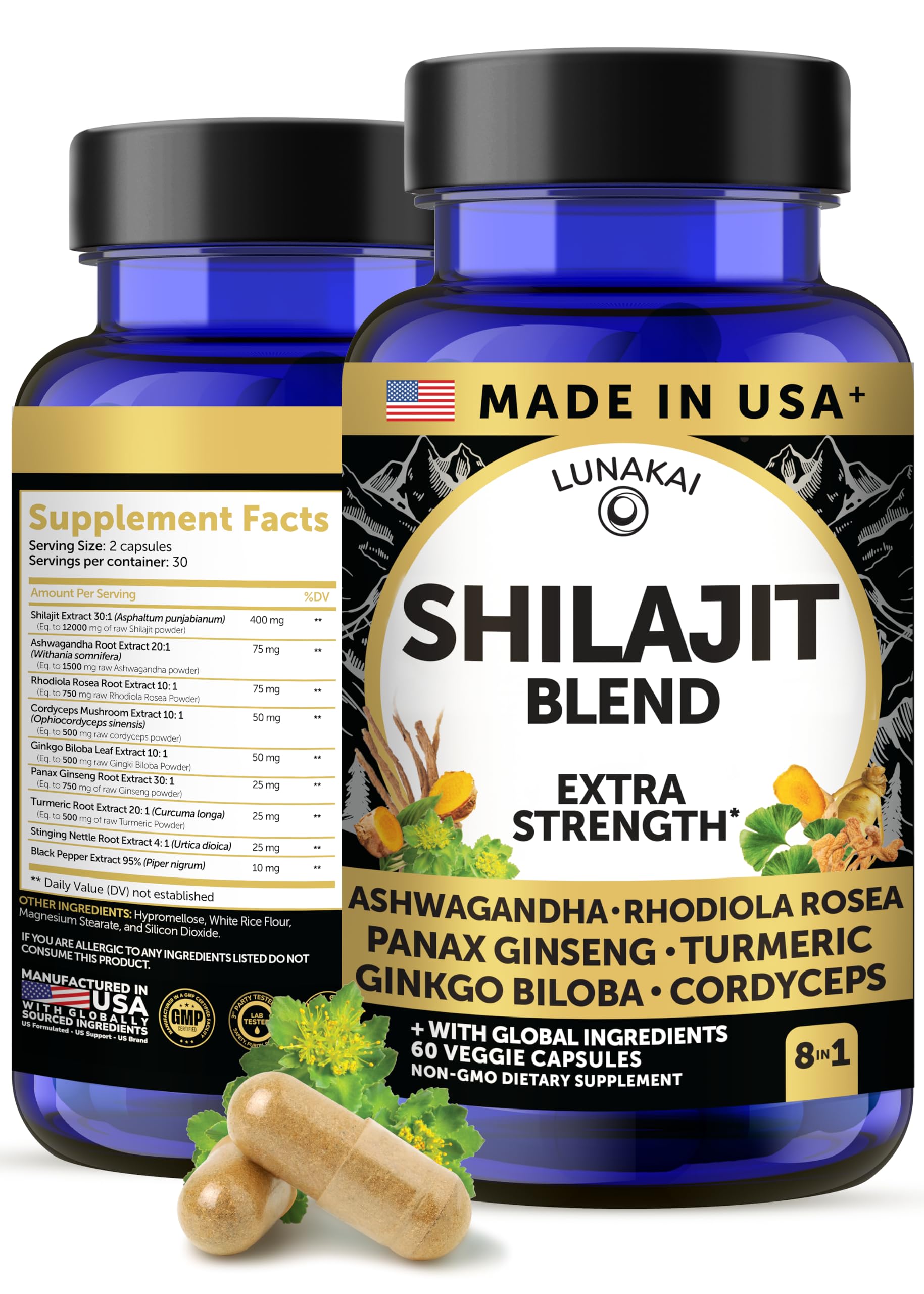 Lunakai USA Made Pure Shilajit Capsules with Ashwagandha, Rhodiola & Cordyceps - Extra Strength Shilajit Extract for Men & Women, 60ct LunakaiAu supplements