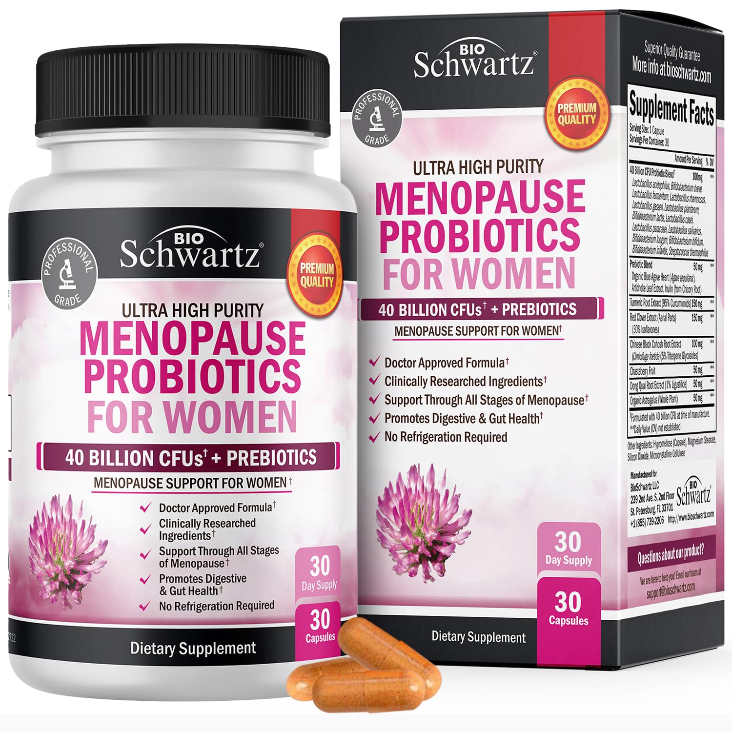 Menopause Supplements for Women - 40 Billion CFU Menopause Probiotics for Women - Support for Hot Flashes Night Sweats Mood Swings and Balance - Non-GMO, 30 Easy-Swallow Capsules, 30 Servings BioSchwartzAu supplements