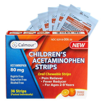 CALMOUR Children's Acetaminophen 36 Strips | Pain Reliever & Fever Reducer | Fast-Acting Support for Cold & Flu Symptoms | Oral Chewable Strips for Kids Ages 2-9 | Travel Size, Orange Flavor CALMOURAu supplements