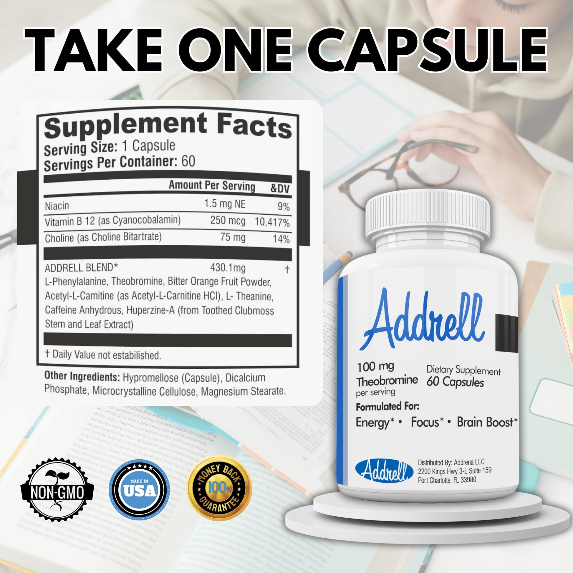 Focus Pep Addrell Energy Stimulant Pills- Natural Nootropic Brain Supplement Alternative Pill & Study Supplements Substitute to Elevate Mental Clarity for Women & Men OTC- 60 Mind Booster Capsules Focus PepAu supplements
