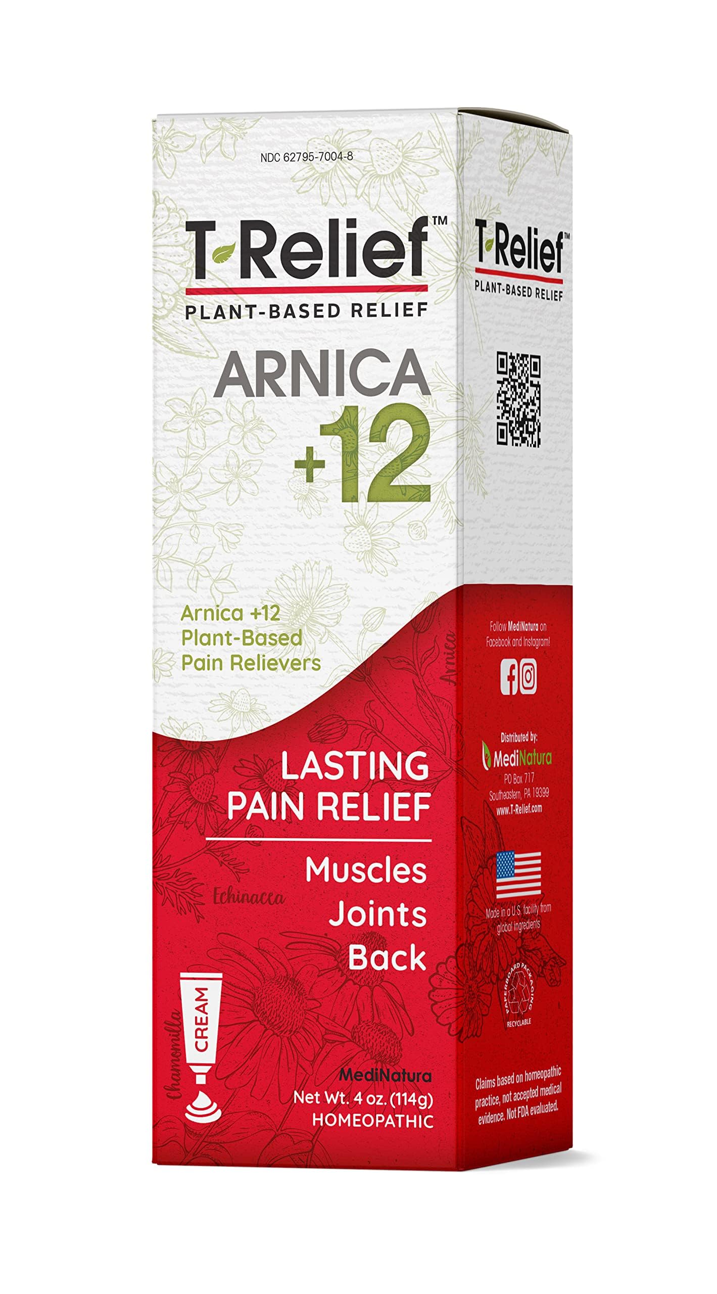 T-Relief Arnica +12 Cream Natural Actives for Back Pain Joint Soreness Muscle Aches & Stiffness, Whole Body Fast Acting Relief for Women & Men - 4 oz MediNaturaAu supplements