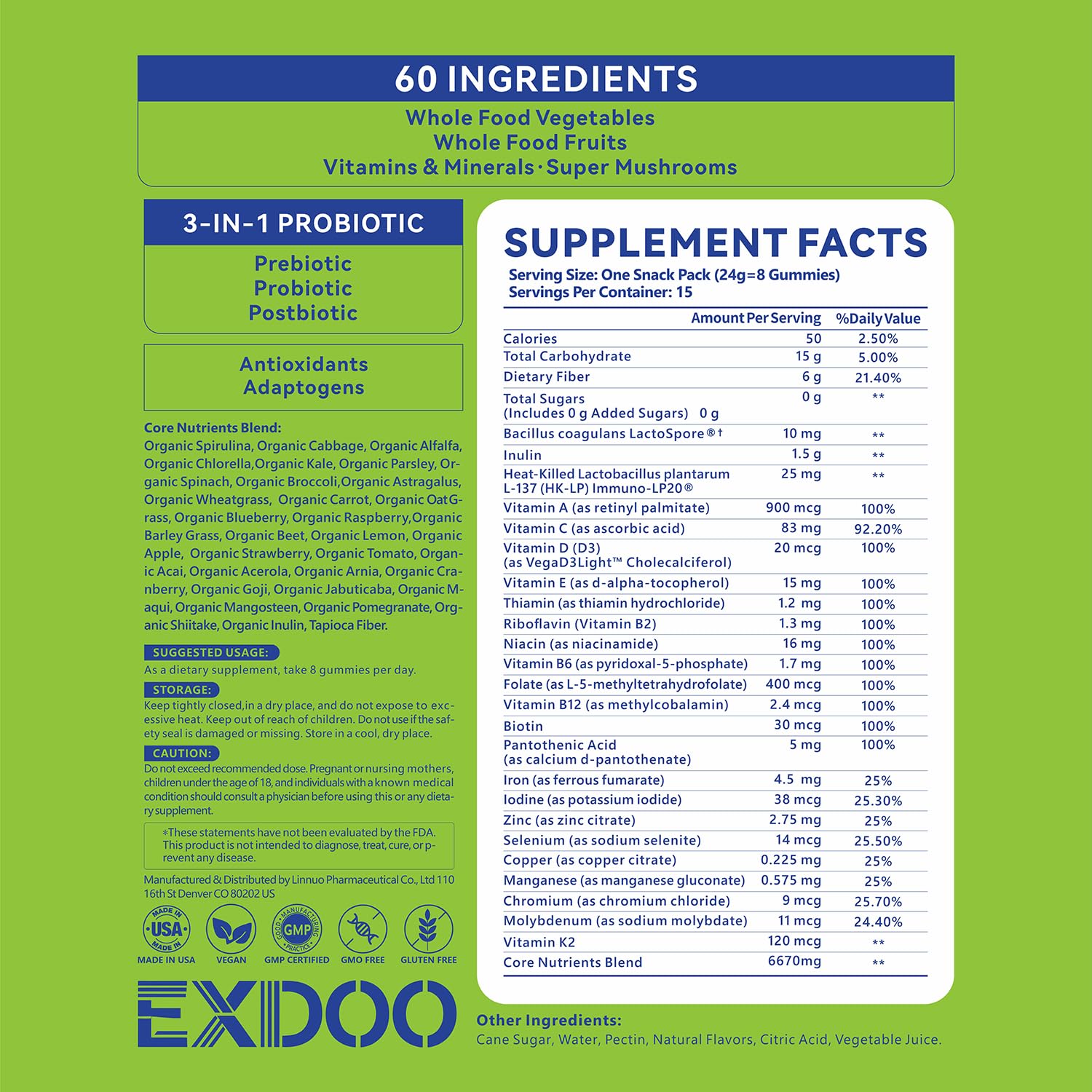 exdoo Super Greens Fiber Gummies Multivitamin Superfood Gummy with Spirulina Chlorella Prebiotic Probiotic Postbiotic for Digestive Health Supplement 15 Packs 120 Gummies exdooAu supplements