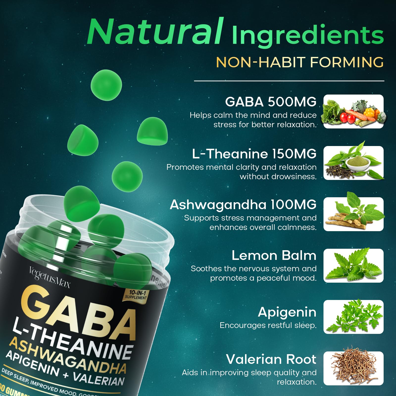 GABA L-Theanine Gummies, Sugar-Free Calm Gummies with L-Theanine, Ashwagandha,Valerian Root,Magnesium | Support Sleep,Stress Relief & Relaxation | GABA Supplement for Adult- Blueberry Flavor VEGETUSMAXAu supplements