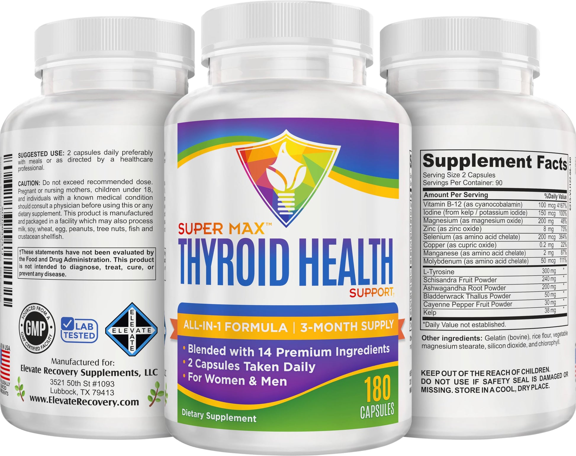 Thyroid Support (3-Month) Supplement All-in-1 with 14 Active Ingredients in 1 Formula | Thyroid Health Support Supplements | Women & Men | 90-Day Bulk Supply | 180 Capsules Elevate Recovery SupplementsAu supplements