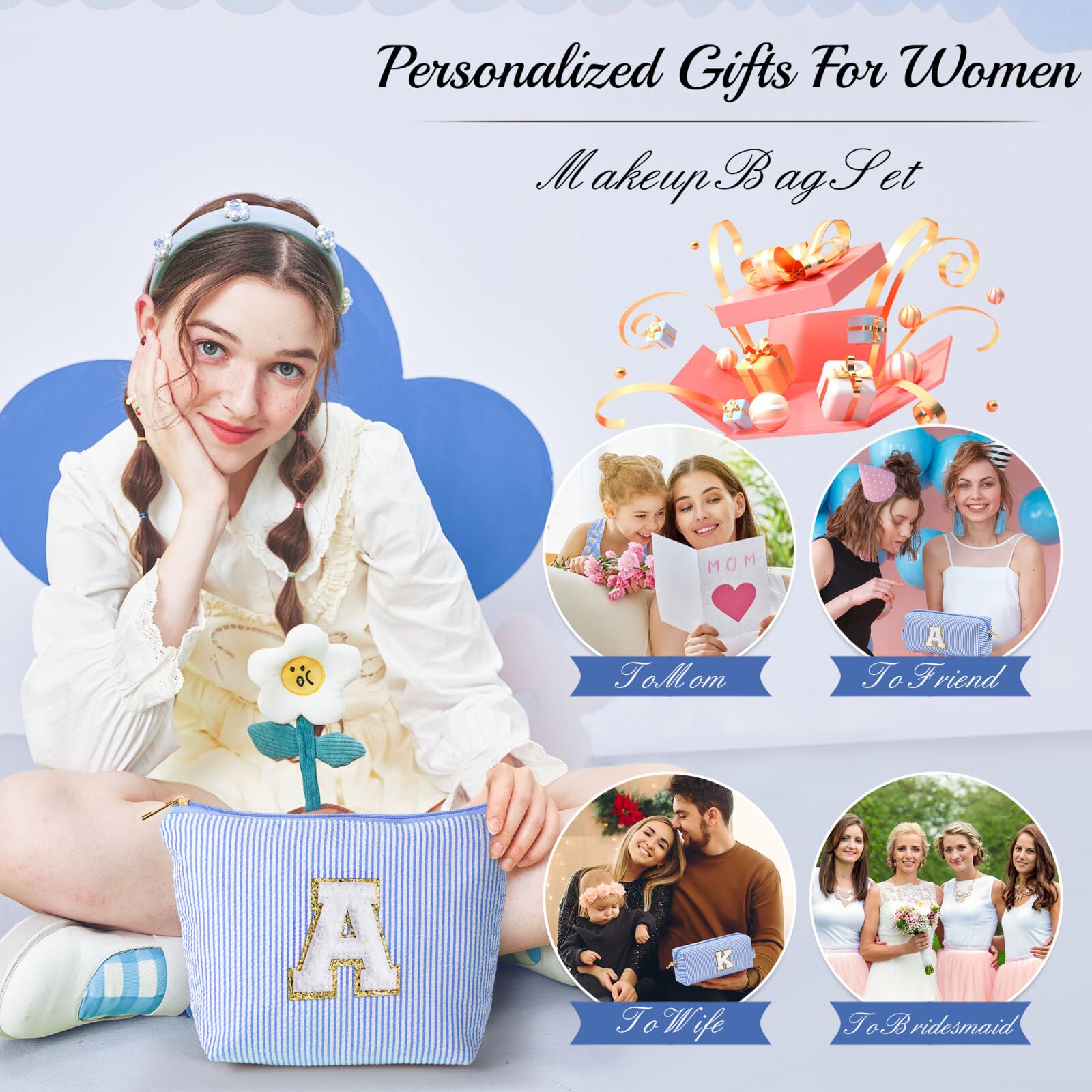 YOOLIFE Birthday Gifts for Teen Girls Kids Initial Makeup Bag | Teen Girl Gift Trendy Stuff | Travel Makeup Bag Toiletry Bags | Gifts for 3 4 5 6 7 8 9 10 11 12 13 Year Old Girl Blue K YOOLIFEAu supplements