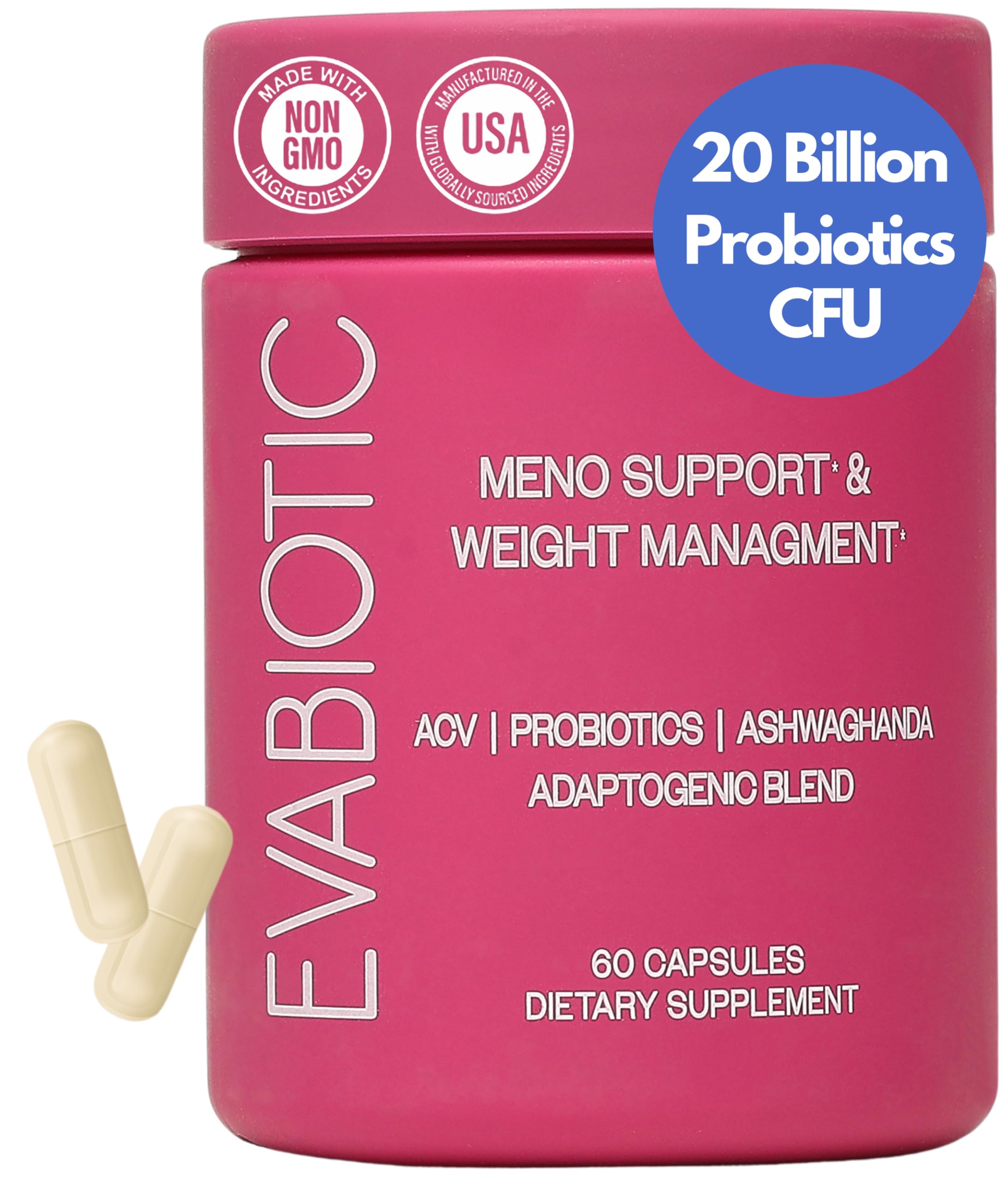 Complete Menopause Vitamins - Ashwaghanda, Probiotics, ACV for Weight Management, Hot Flashes, Night Sweats, Bloat, Hormone Balance - Vegan 60 Caps Menopause Supplements for Women Non-GMO EVABIOTICAu supplements