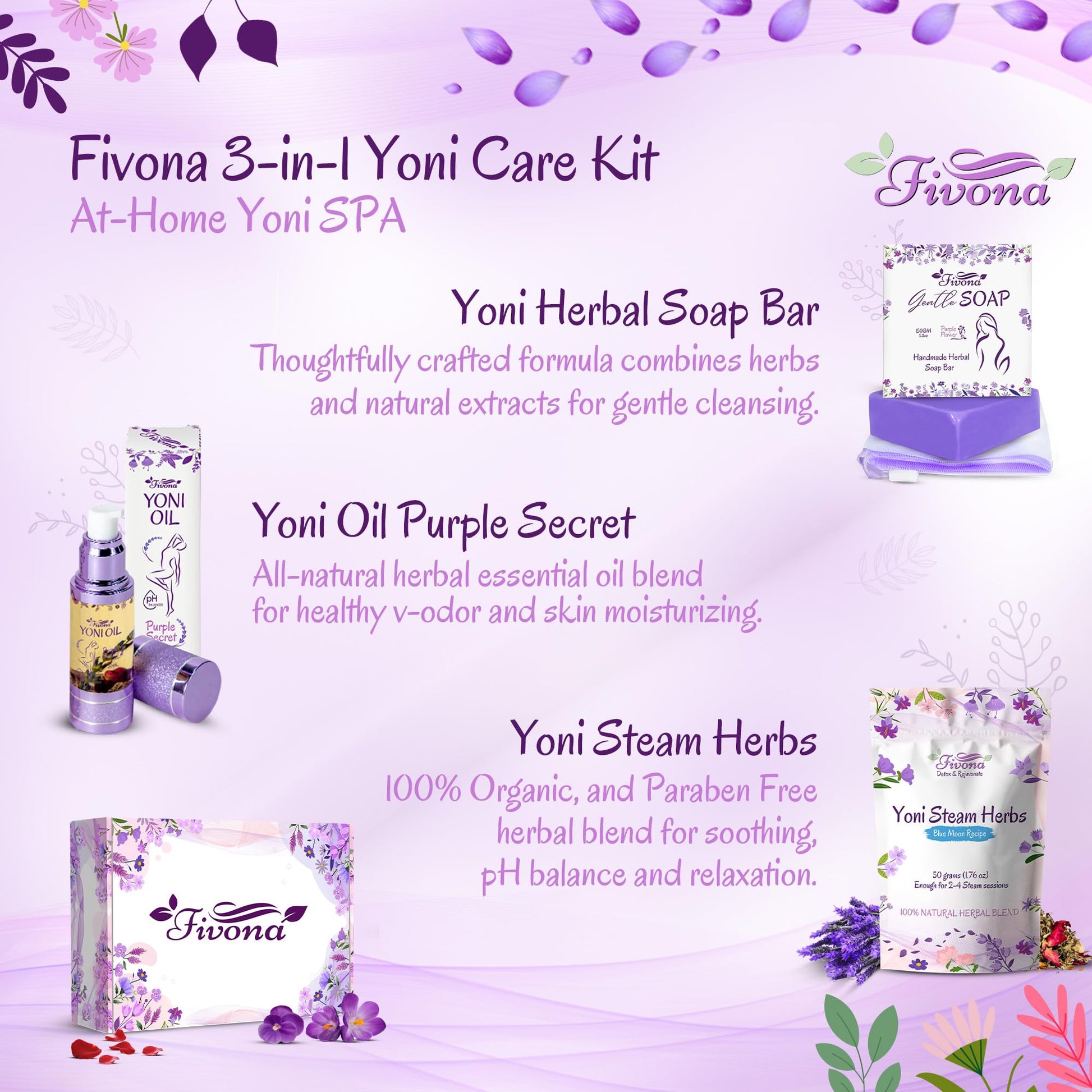 FIVONA Yoni Care Kit 3 in 1 - pH Balanced Natural Vaginal Oil 30 ml, Organic Herbal Soap 5.3 oz FIVONAAu supplements