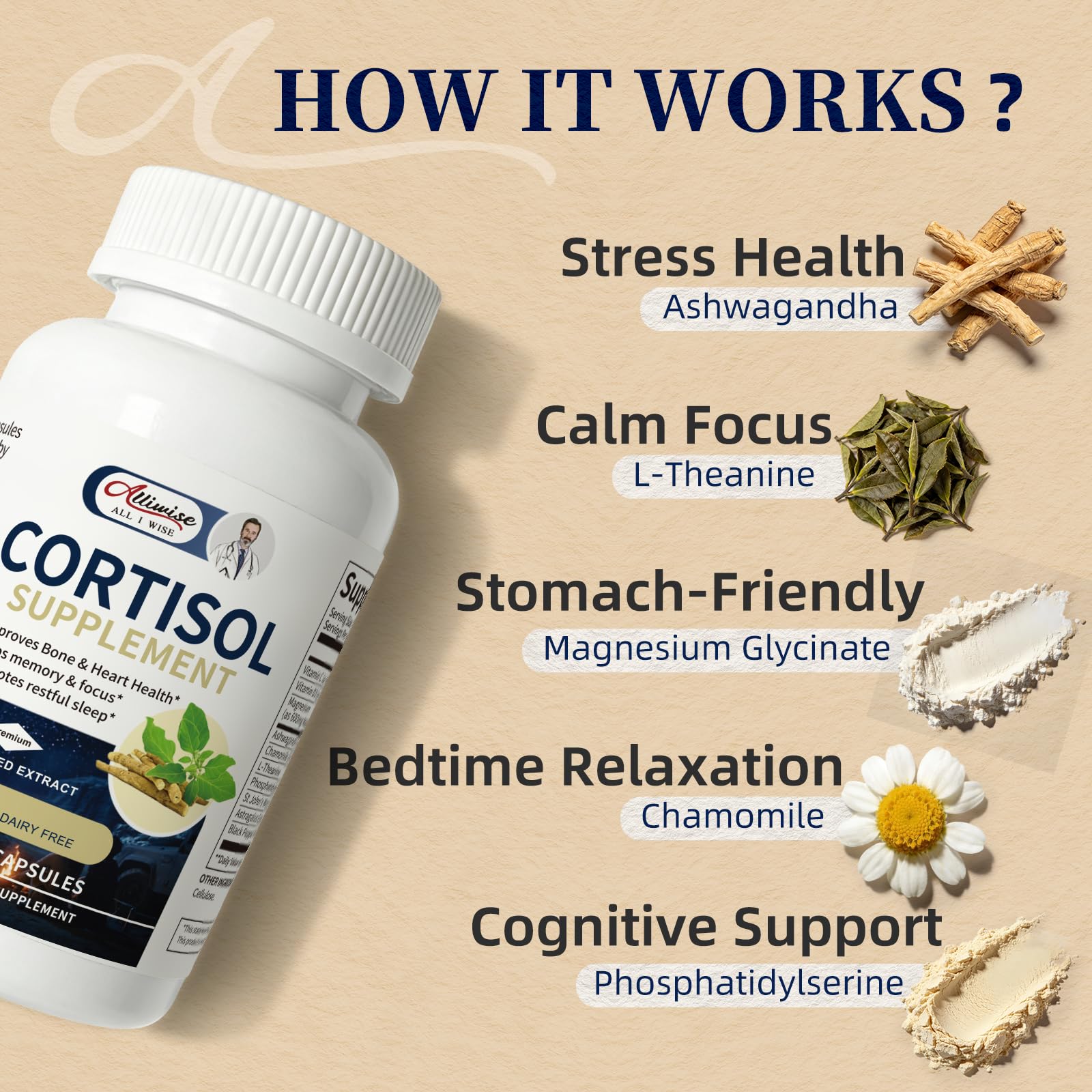 Alliwise Cortisol Supplements for Women and Men with Magnesium, Ashwagandha,L-Theanine,Chamomile & PS,High Cortisol Reducer, Manager, Detox, Lower for Mood,Focus,Sleep,Non-Drowsy,No Melatonin AlliwiseAu supplements