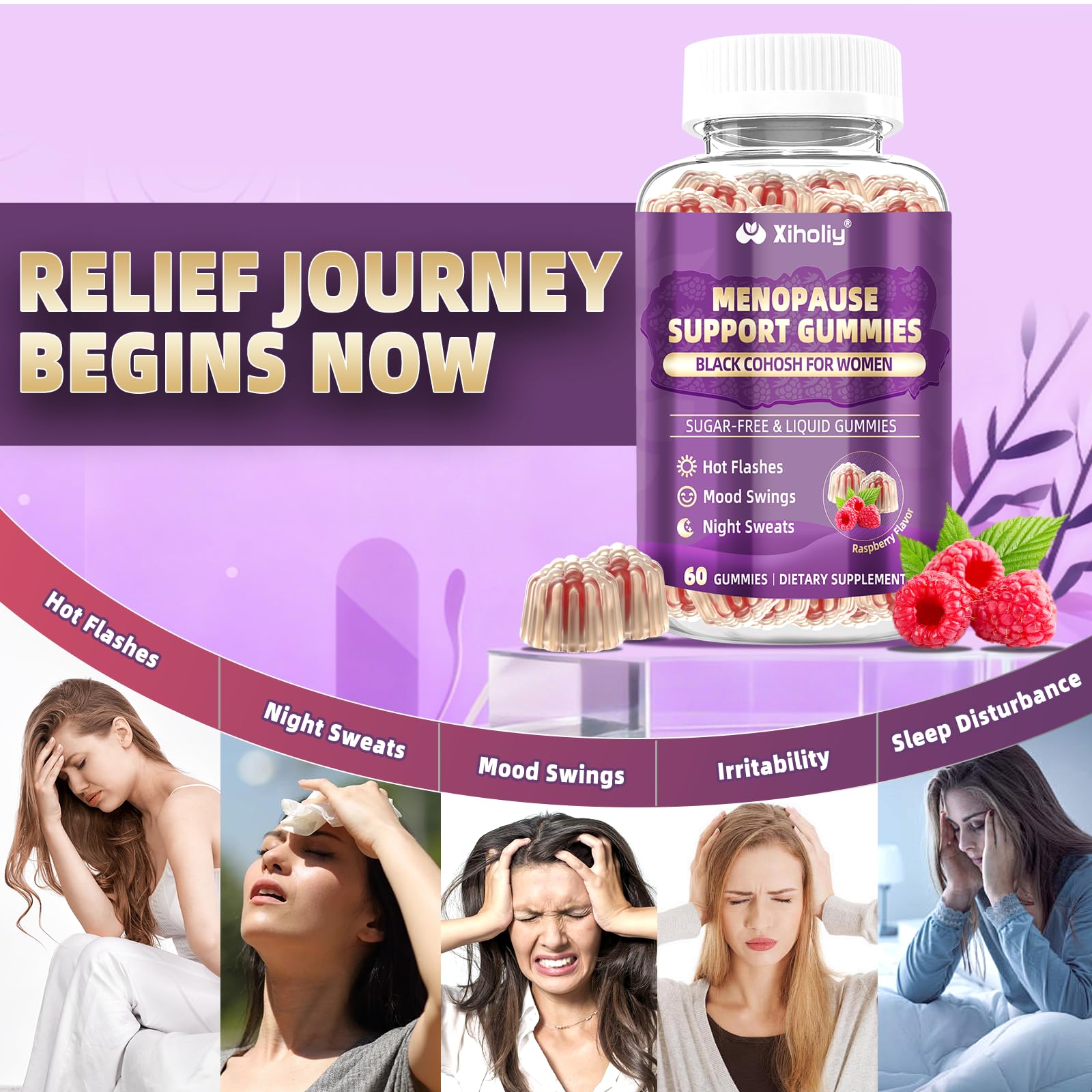 Menopause Supplements for Women with Black Cohosh, Menopause Relief Sugar Free Gummies for Hot Flashes, Natural Female Hormone Balance & Ashwagandha, Magnesium for Night Sweats, Mood Swings, 60 Count XIHOLIYAu supplements