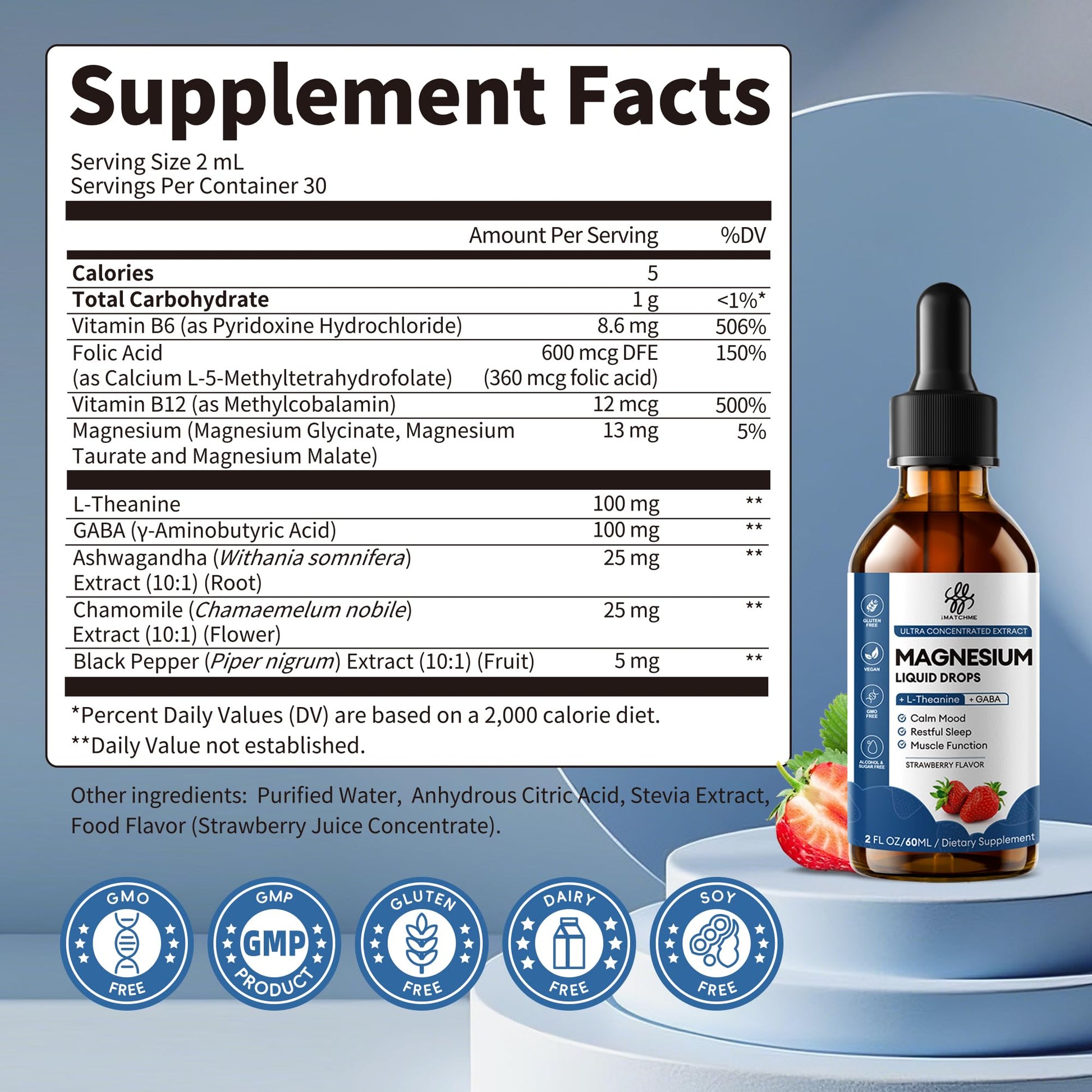 Liquid Magnesium Glycinate Drops for Nighttime Sleep & Calm Support, Triple Chelated Magnesium Complex with L-Theanine & GABA, Pre-Dissolved Liquid for Gentle Absorption, Strawberry Flavor, 2 Fl Oz iMATCHMEAu supplements