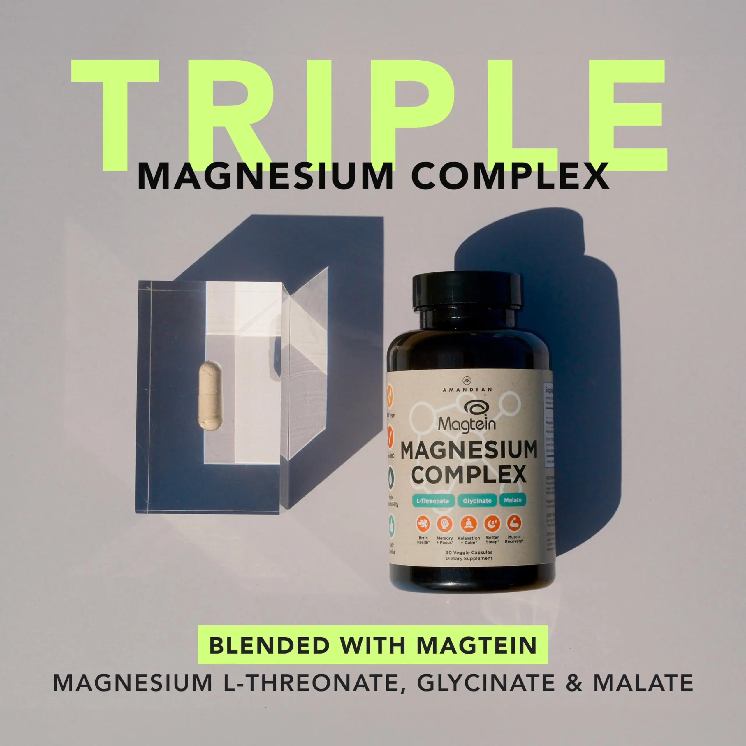 AMANDEAN Magtein Magnesium Complex. L-Threonate, Glycinate, Malate Triple Blend Chelated Magnesium Supplement. 90 Veggie Capsules. High Absorption Branded Ingredients. Brain Health, Sleep, Calm*. AMANDEANnz supplements