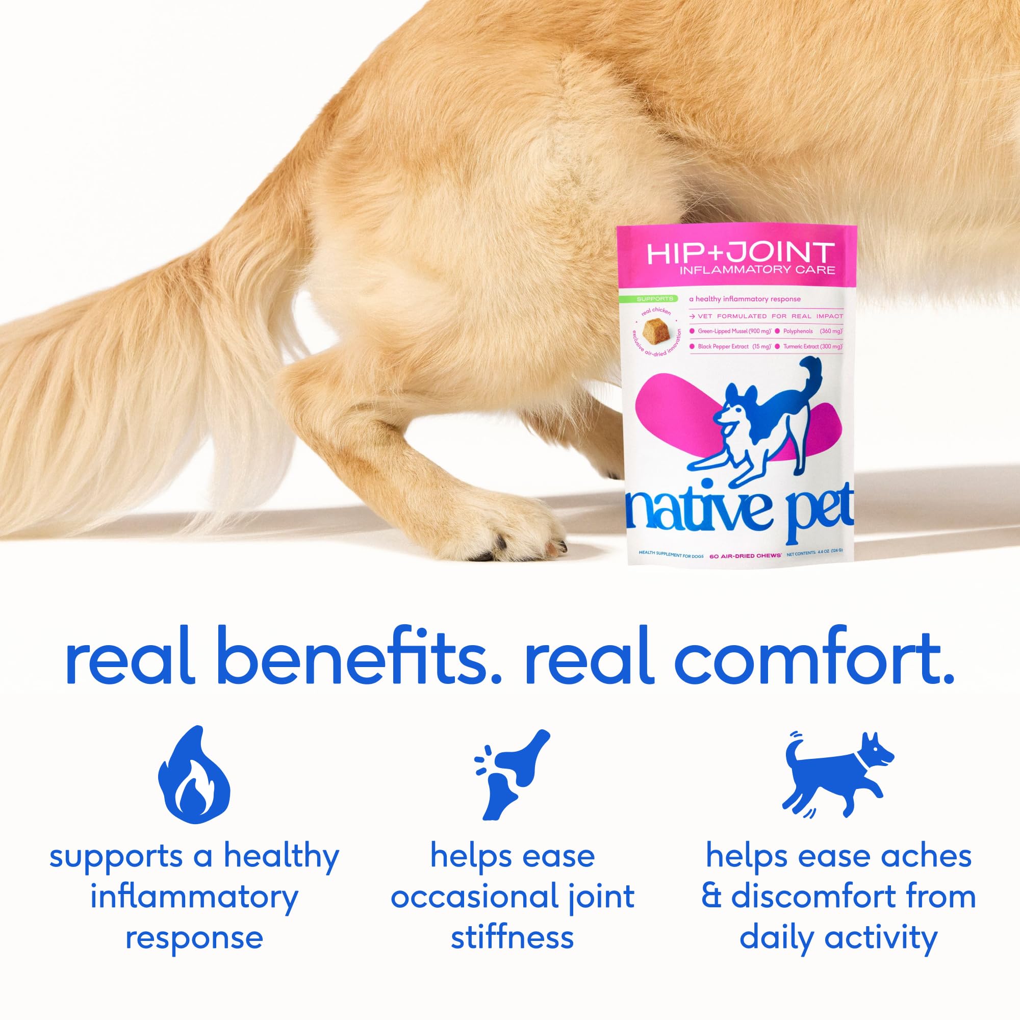 Native Pet Inflammatory Care - Pain Relief for Dogs - Green-Lipped Mussel, Turmeric & Collagen for Dogs - Hip and Joint Supplement Supports Healthy Inflammatory Response & Joint Comfort - 60 Chews Native PetAu supplements