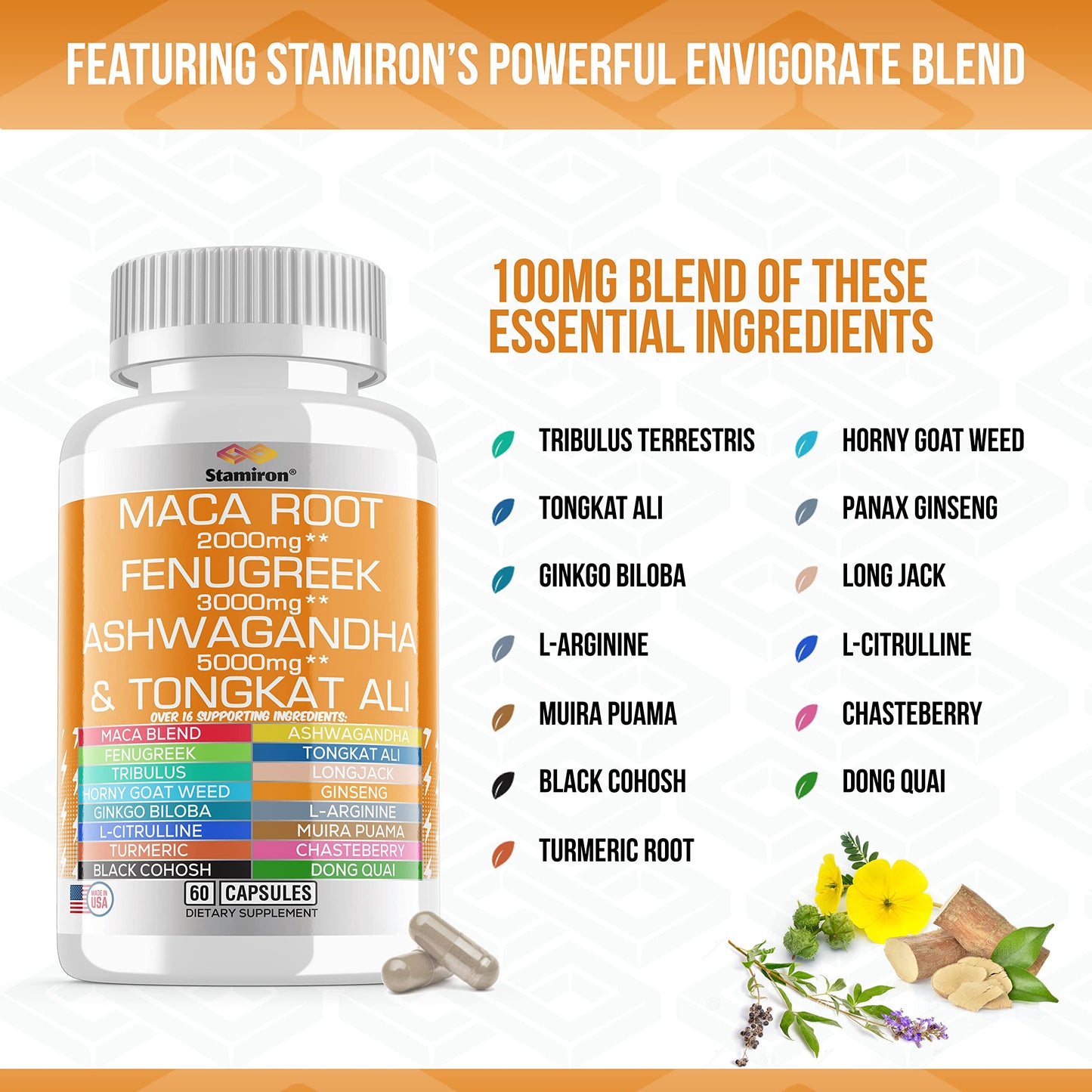 Stamiron Maca Root 2000mg Fenugreek 3000mg Ashwagandha 5000mg Supplement StamironUS supplements