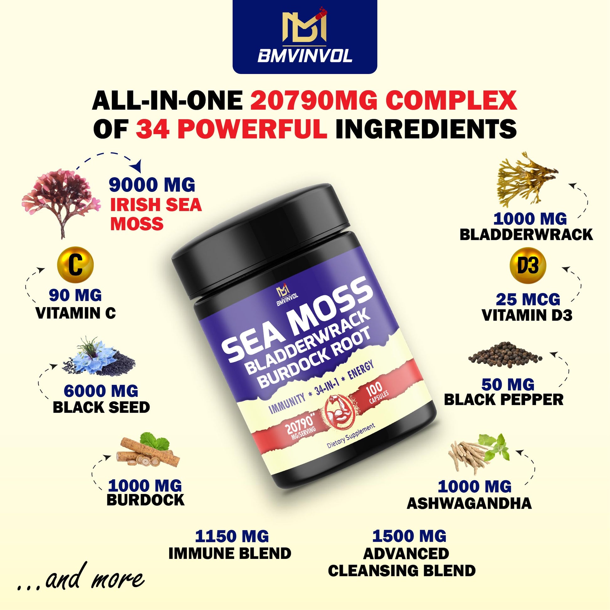 BMVINVOL 100 Capsules - Sea Moss Capsules 20790mg with Bladderwrack, Burdock BMVINVOLUS supplements